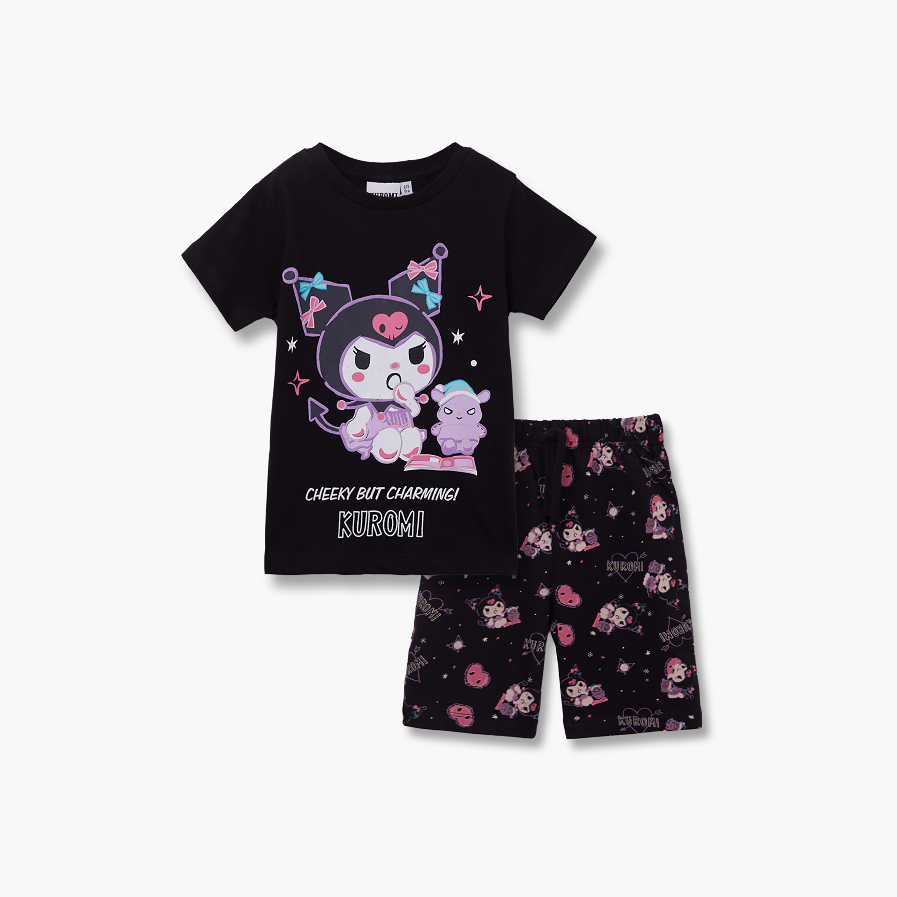 Kuromi Printed Cotton T-Shirt & Shorts Set-girls-clothing-setsandcoords-image-2