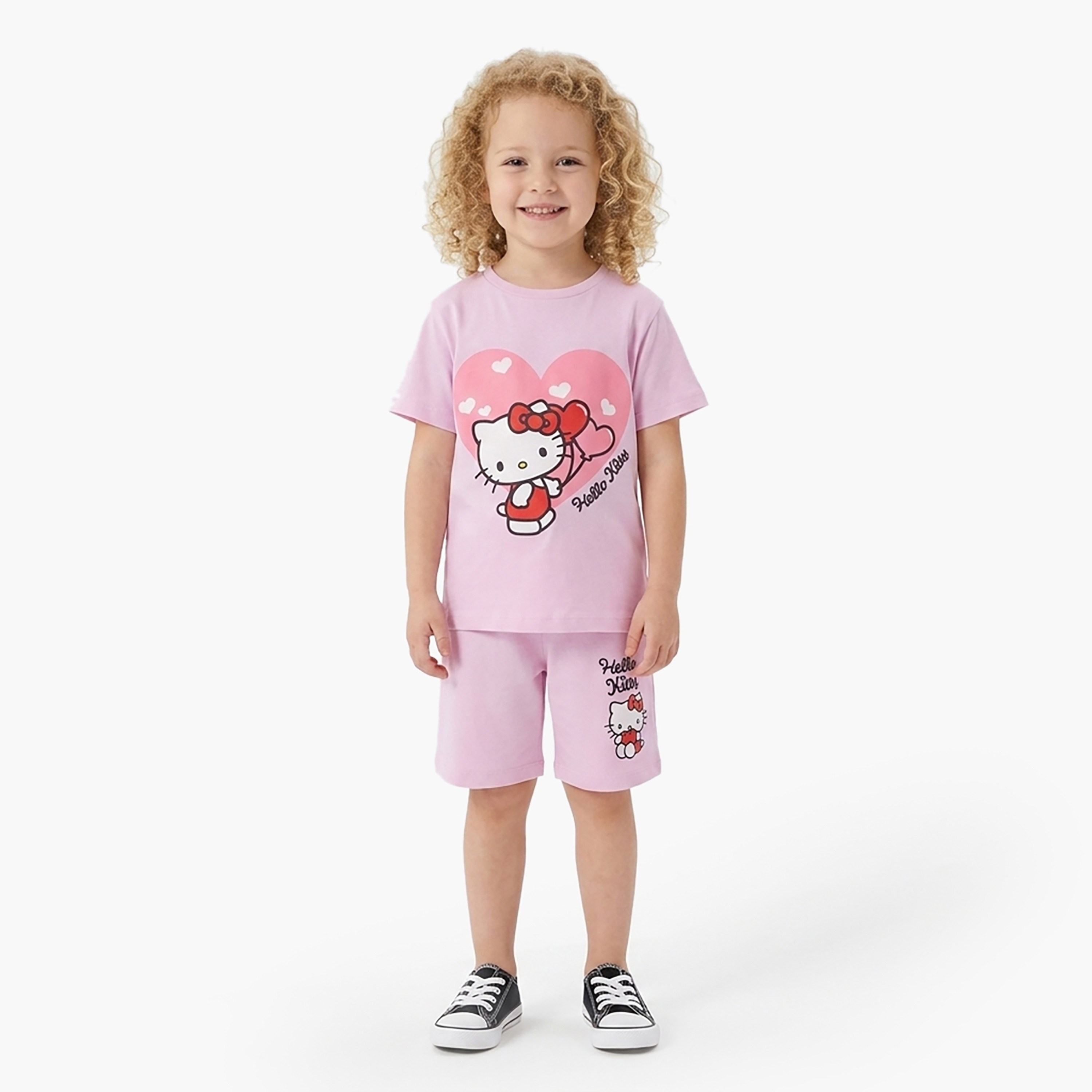 طقم تيشيرت وشورت قطني بطبعة هالو كيتي-girls-clothing-setsandcoords-image-7