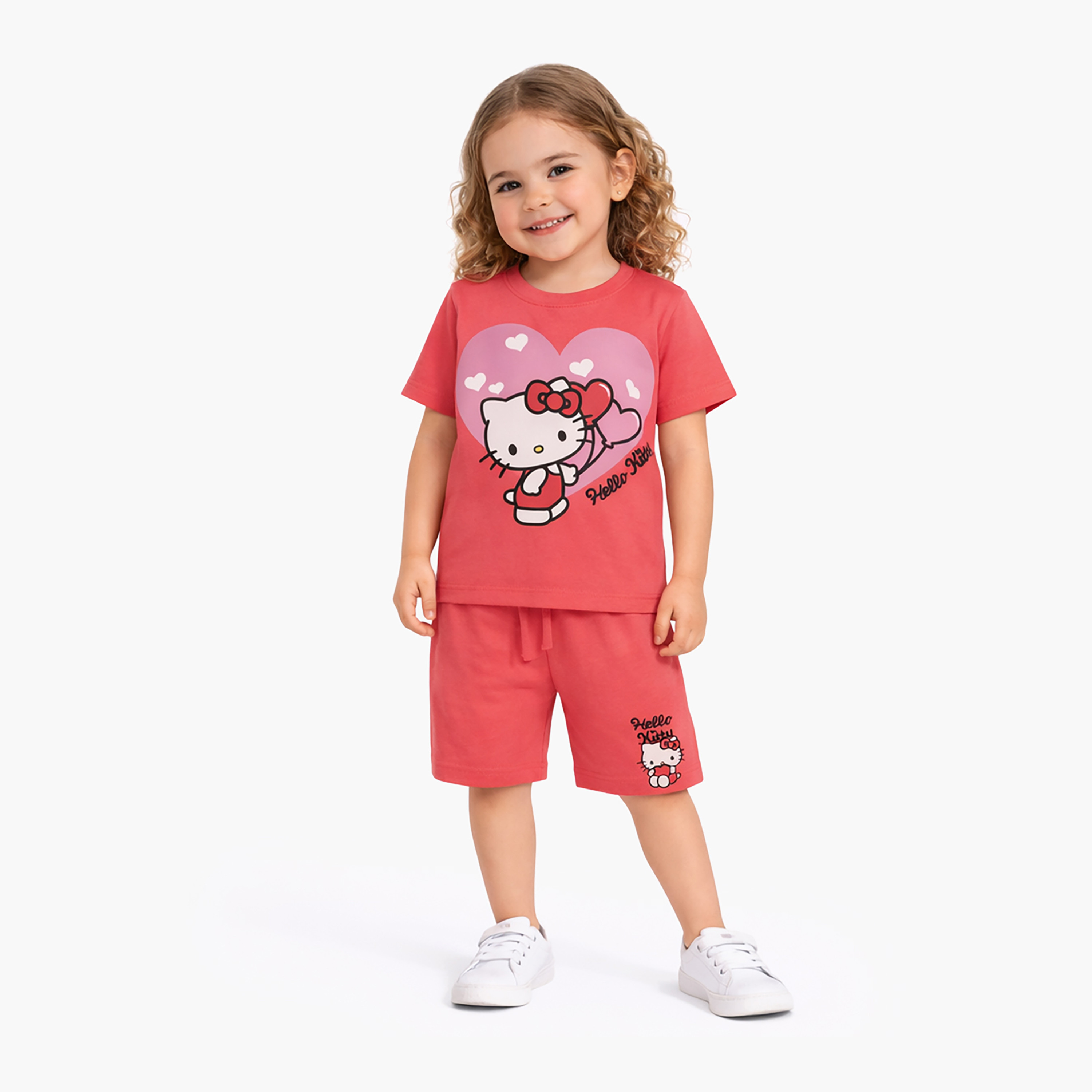طقم تيشيرت وشورت قطني بطبعة هالو كيتي-girls-clothing-setsandcoords-image-1
