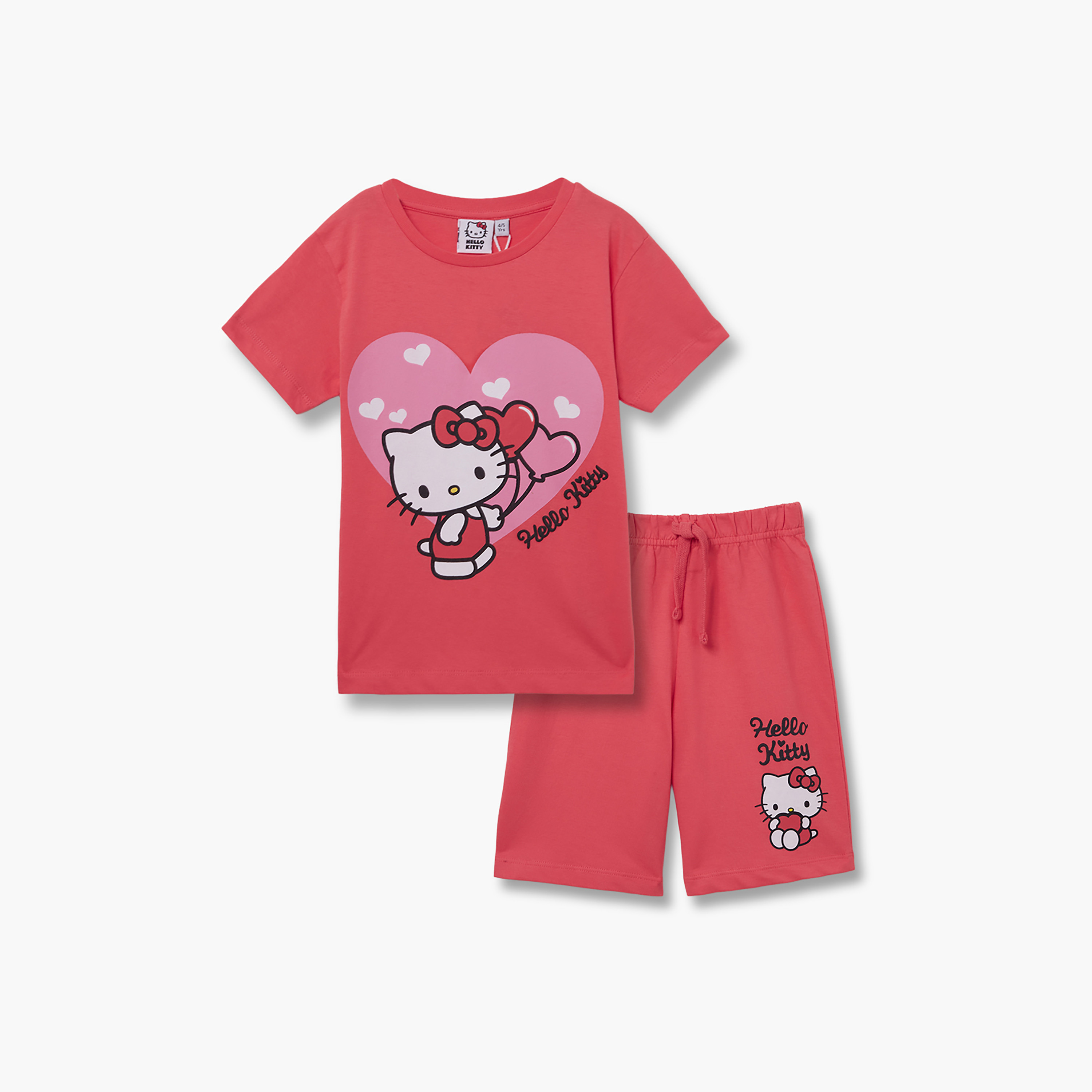 طقم تيشيرت وشورت قطني بطبعة هالو كيتي-girls-clothing-setsandcoords-image-2