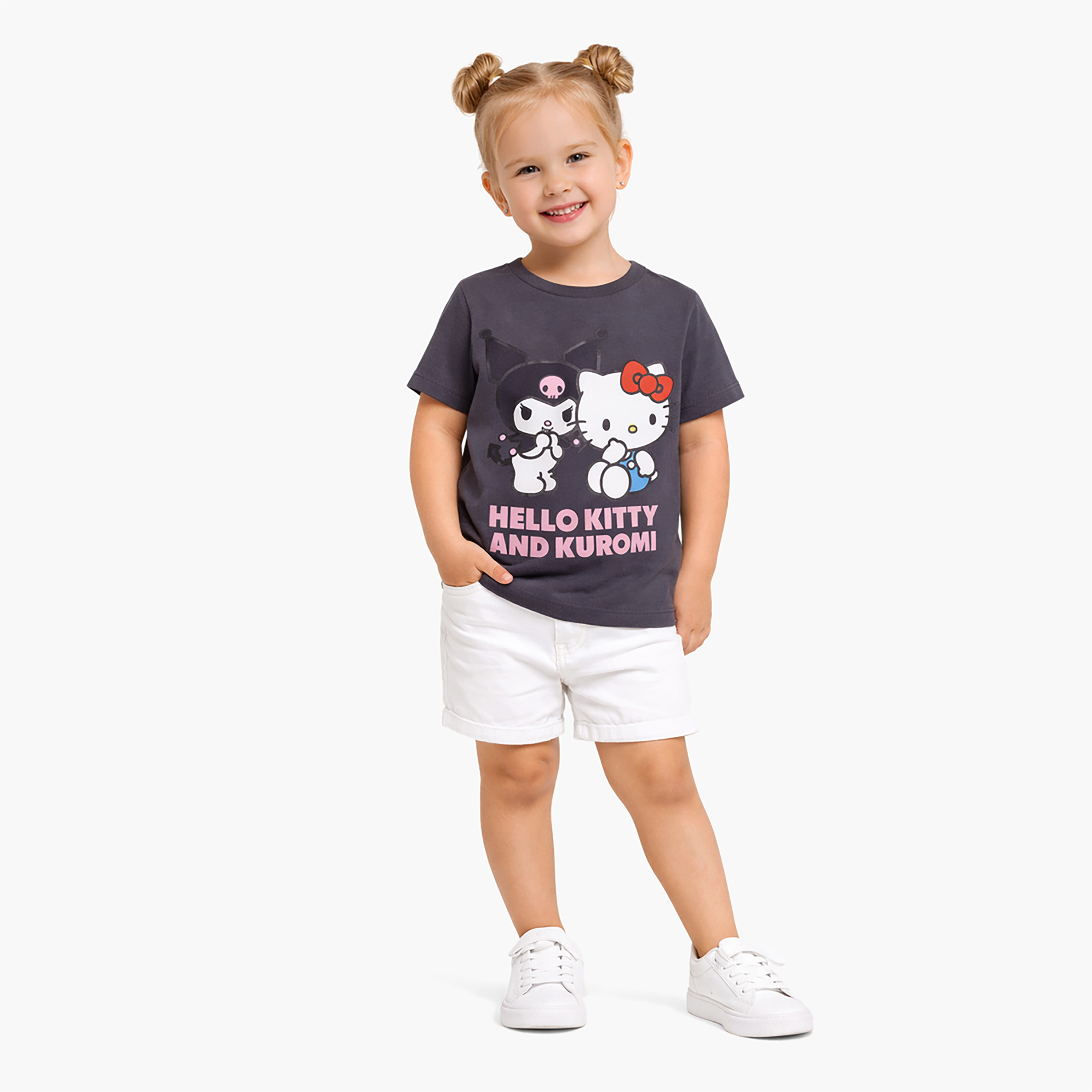 تي شيرت بأكمام قصيرة ورقبة دائرية بطبعة هالو كيتي وكورومي-girls-clothing-tshirts-image-1