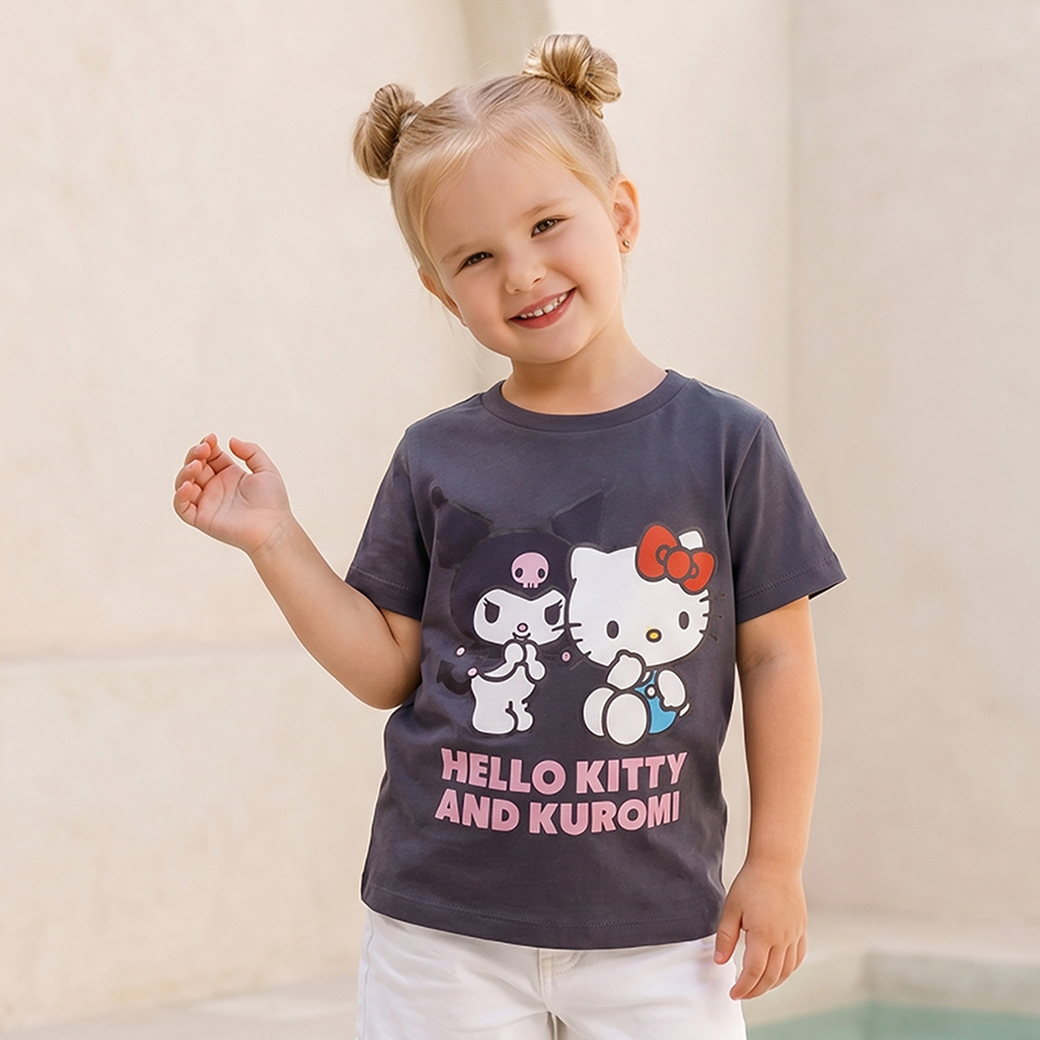 Hello Kitty & Kuromi Printed Short Sleeves Round Neck T-Shirt-girls-clothing-tshirts-image-1