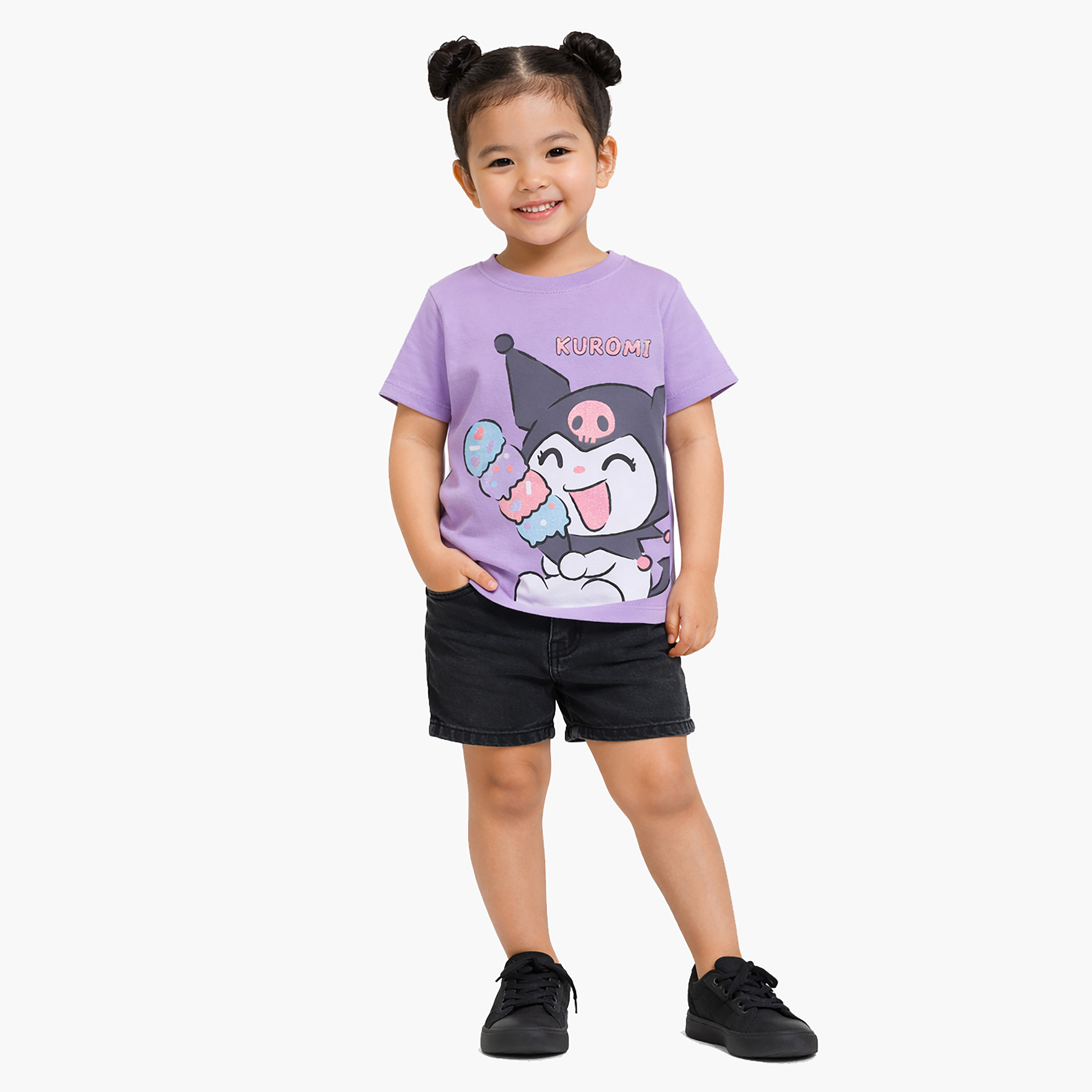 تي شيرت بأكمام قصيرة ورقبة دائرية بطبعة كورومي-girls-clothing-tshirts-image-1