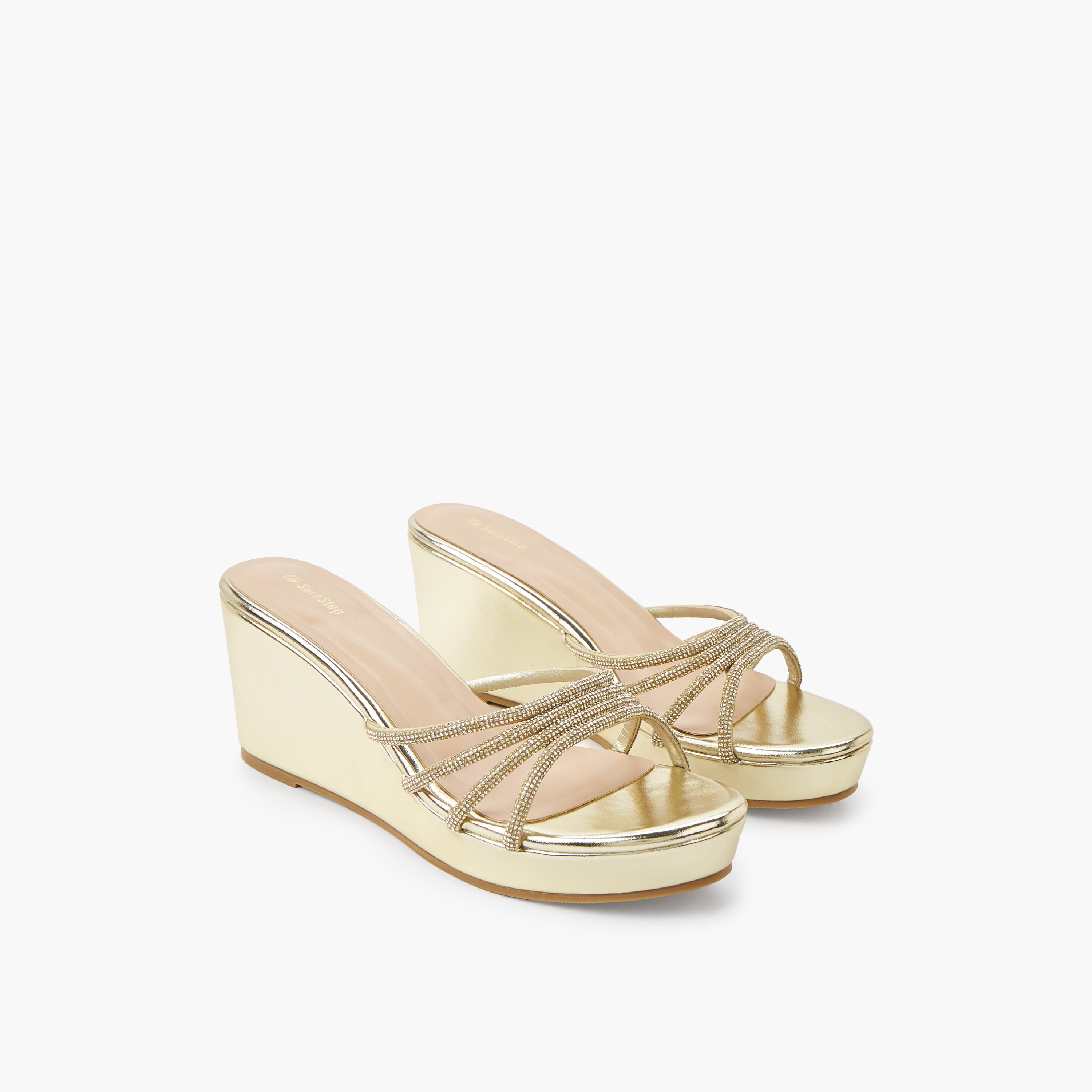 Surestep Women Metallic Wedge Heel Sandals with Embellished Straps-women-shoes-sandals-heeled-image-1