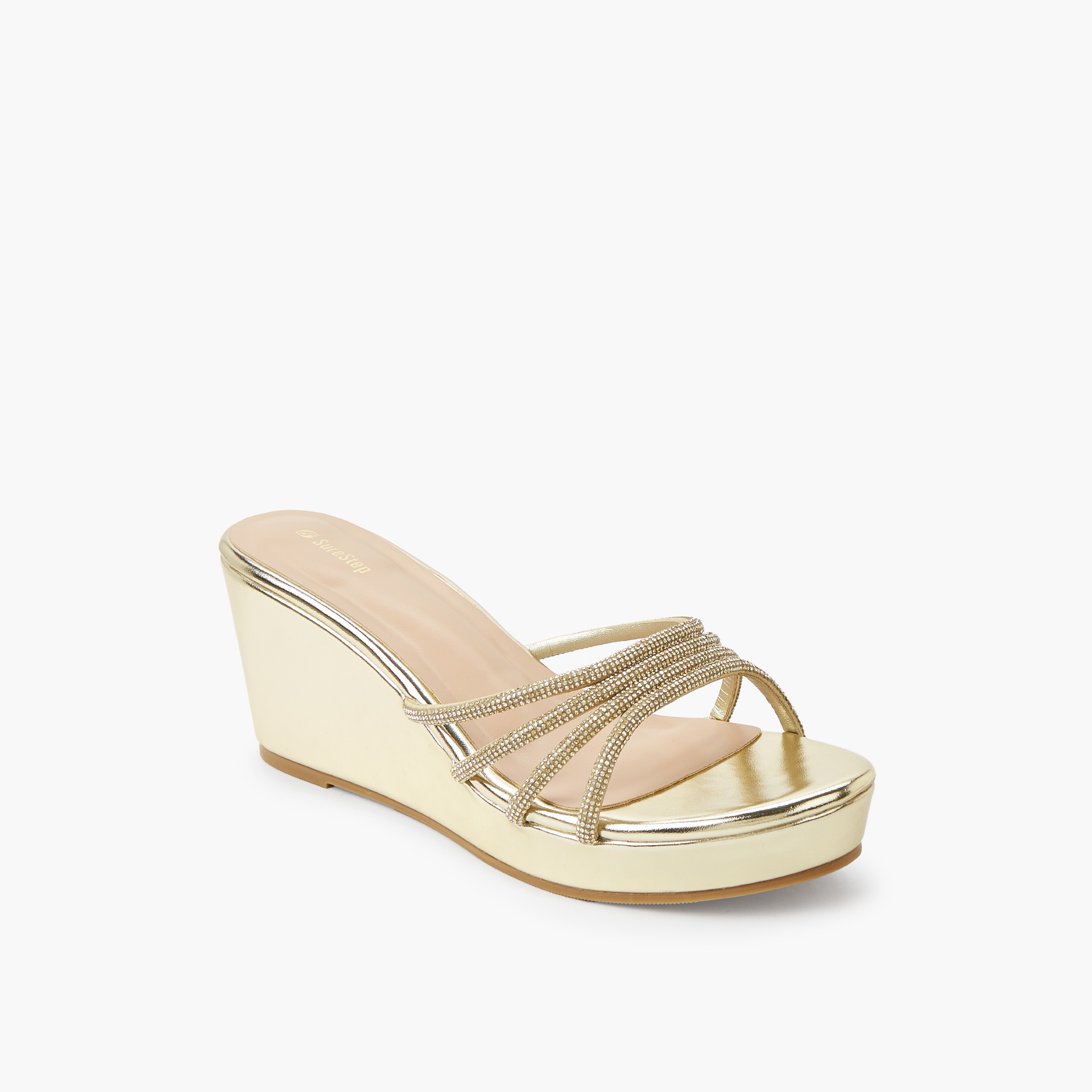 Surestep Women Metallic Wedge Heel Sandals with Embellished Straps-women-shoes-sandals-heeled-image-2