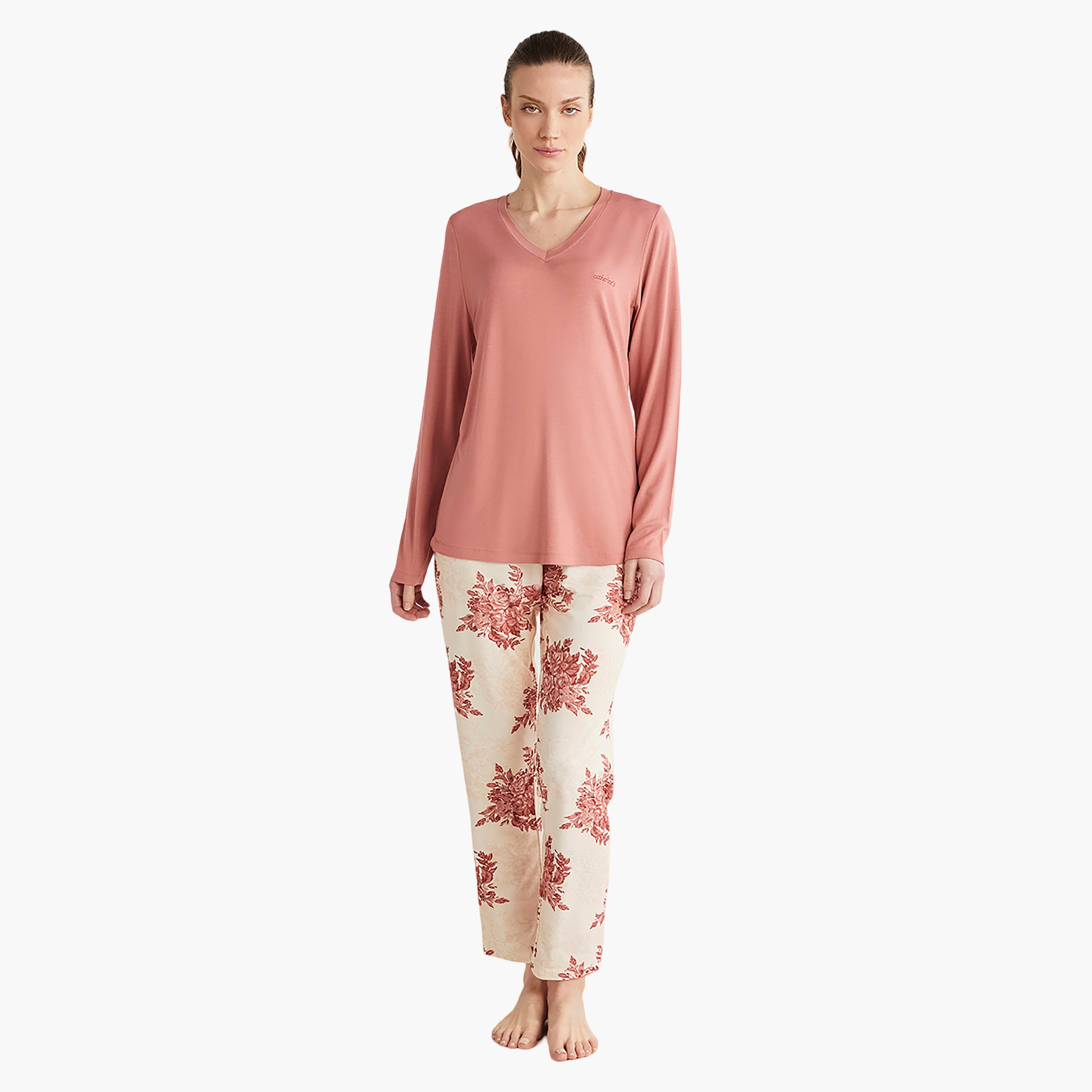 Catherine's Pyjama Set with Floral V-Neck T-Shirt and Women's Pyjama-women-clothing-nightwear-pyjamas-longsets-image-1