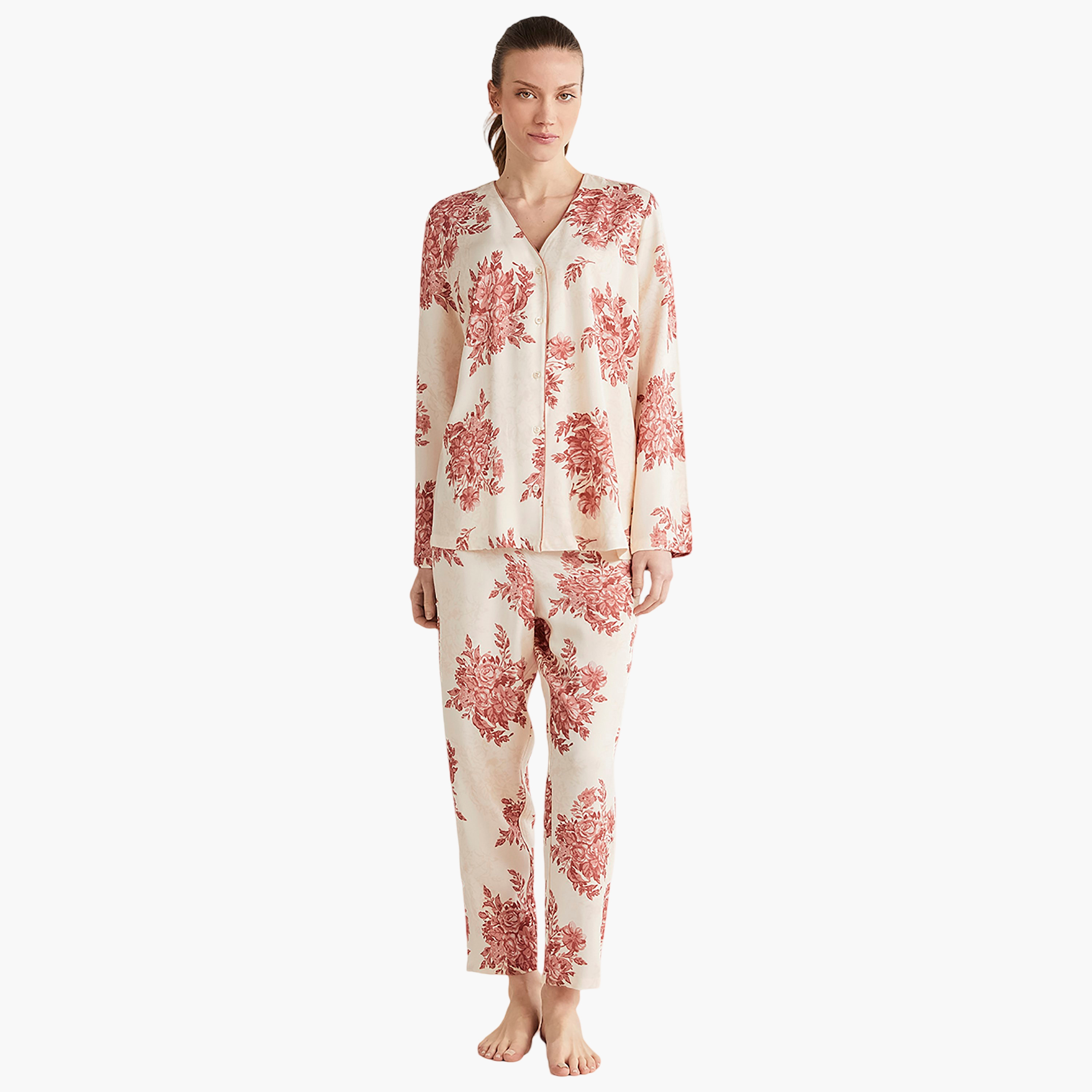 Catherine's Pyjama Set with Floral V-Neck Slip Shirt and Women's Pyjama-women-clothing-nightwear-pyjamas-longsets-image-1