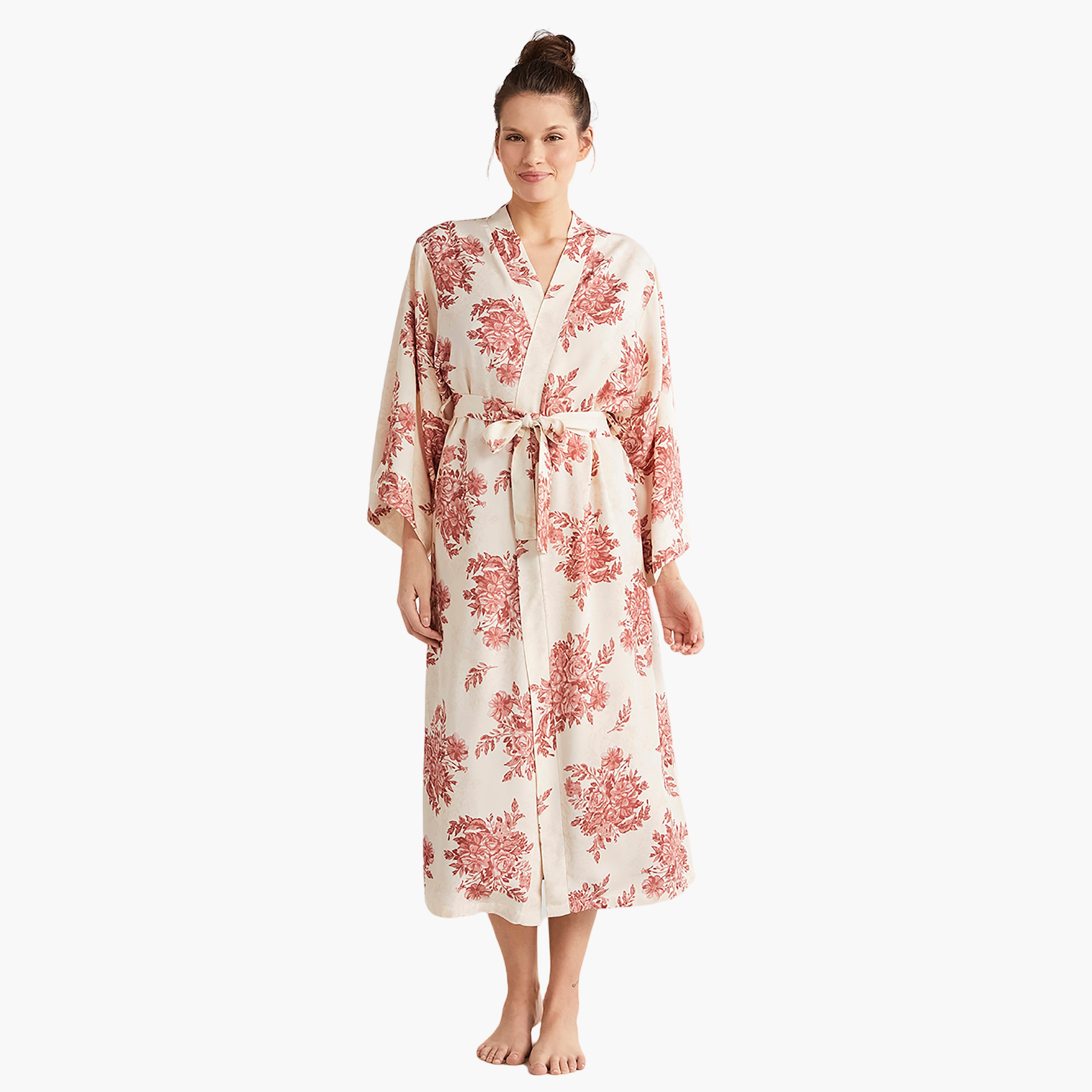 طقم رداء مع فستان منقوش برقبة دائرية وروب نسائي من كاثرينز-women-clothing-nightwear-pyjamas-longsets-image-1