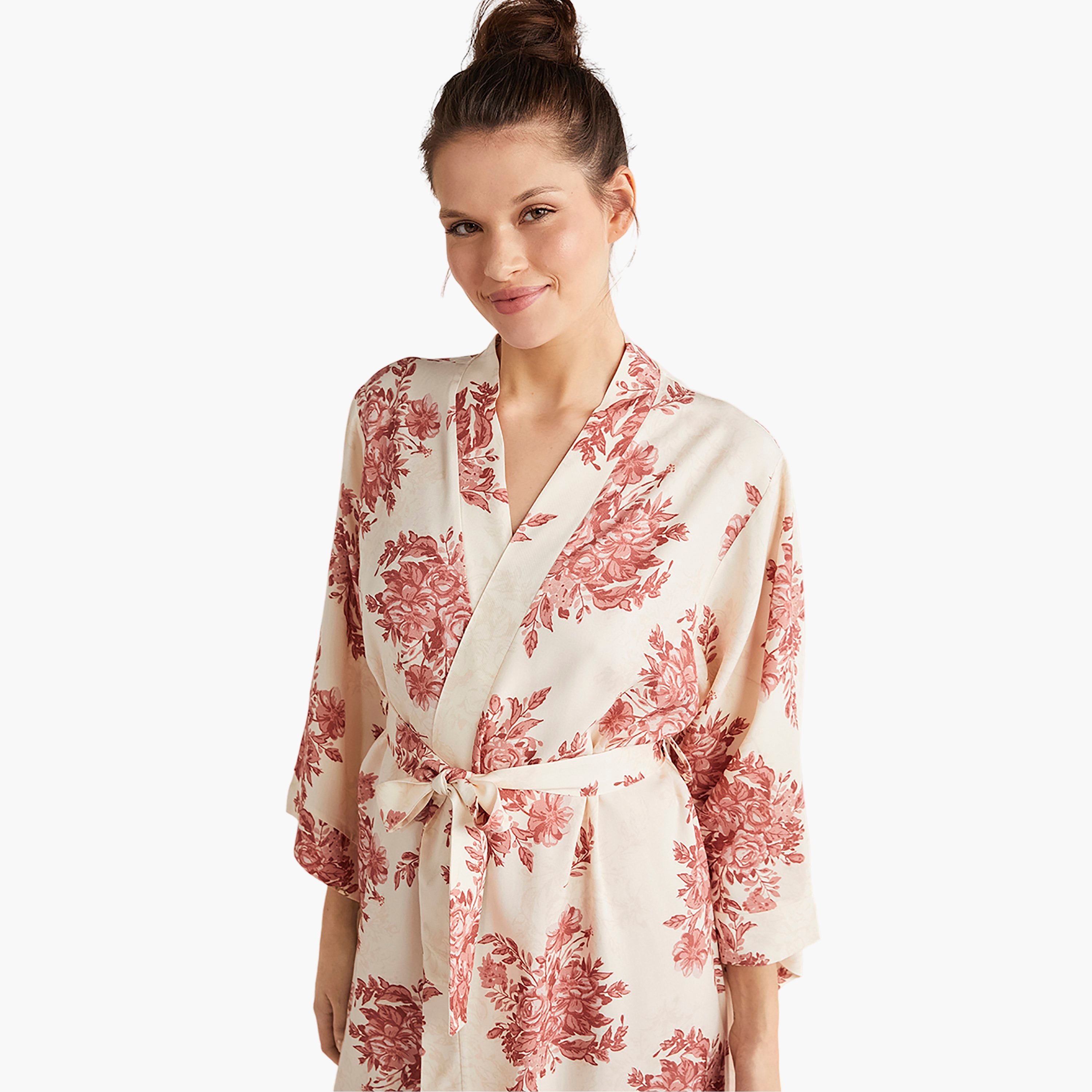 طقم رداء مع فستان منقوش برقبة دائرية وروب نسائي من كاثرينز-women-clothing-nightwear-pyjamas-longsets-image-2
