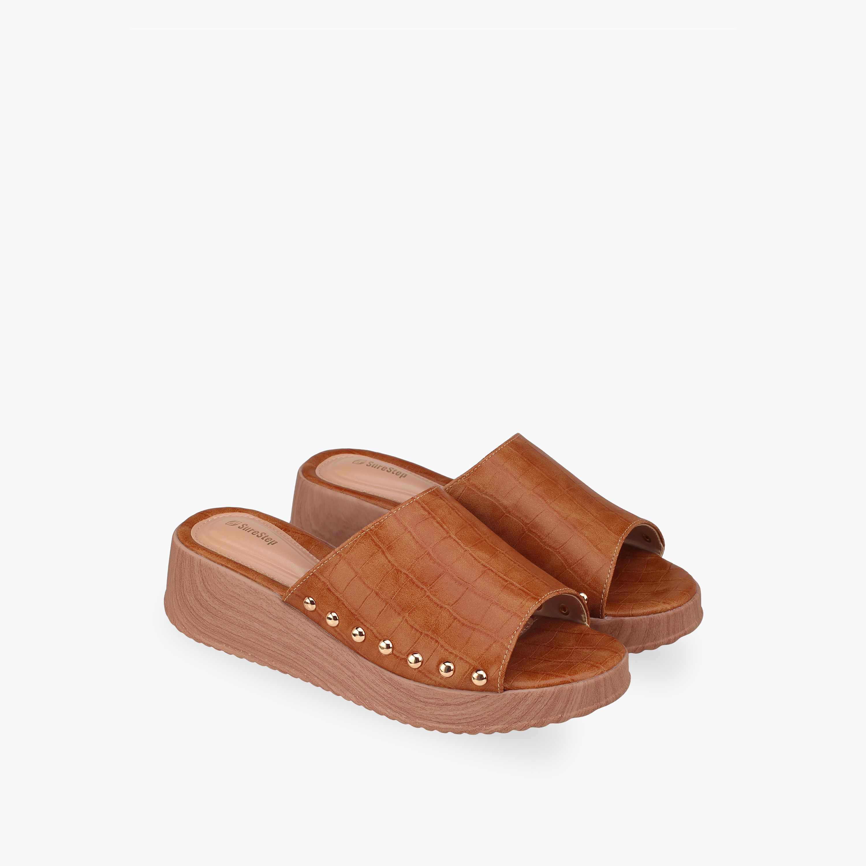 Surestep Women Lightweight Textured Flatform Heel Sandals with Stud Detailing-women-shoes-sandals-heeled-image-1