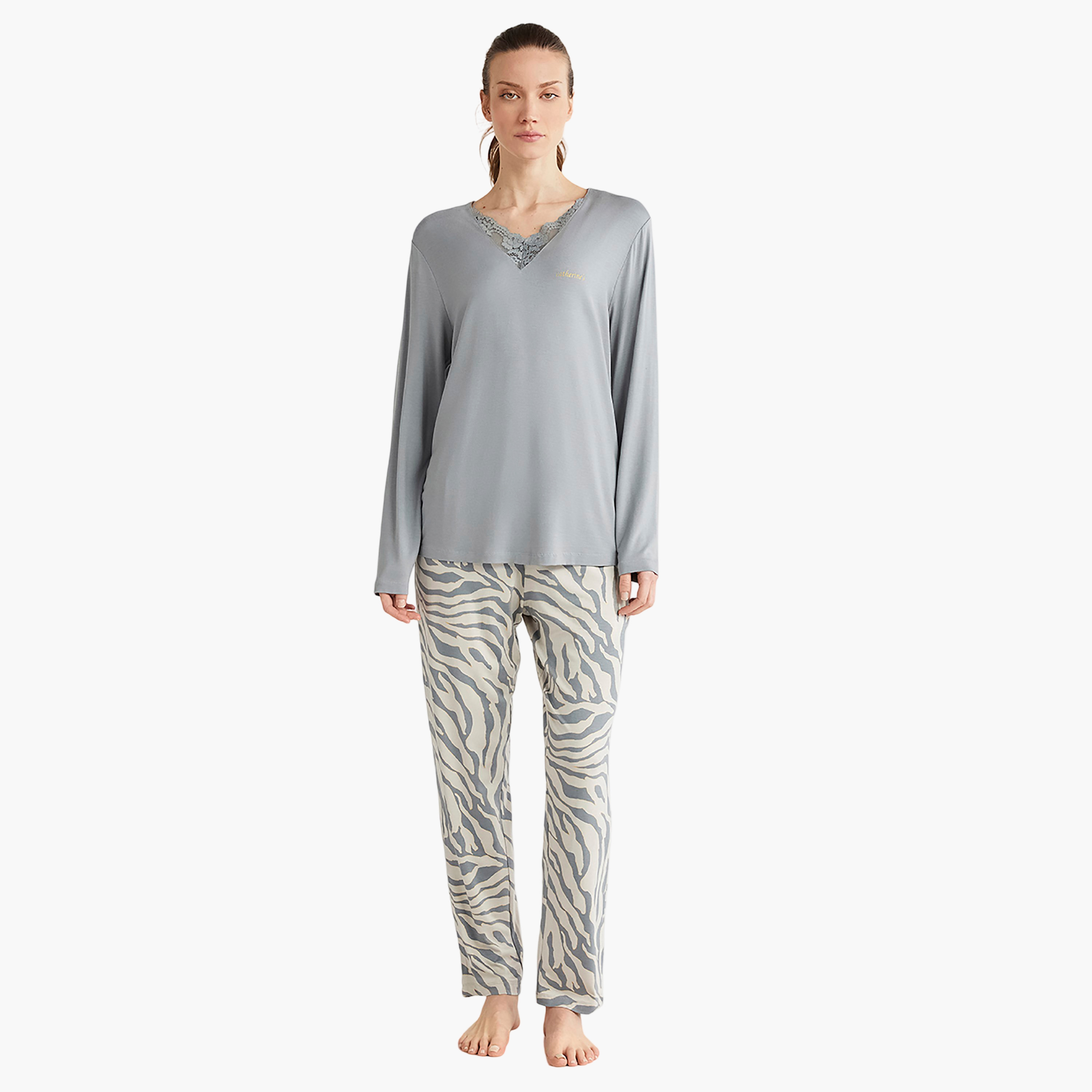 Catherine's Pyjama Set with Printed & Lace Detail V-Neck T-Shirt and Women's Pyjama-women-clothing-nightwear-pyjamas-longsets-image-1