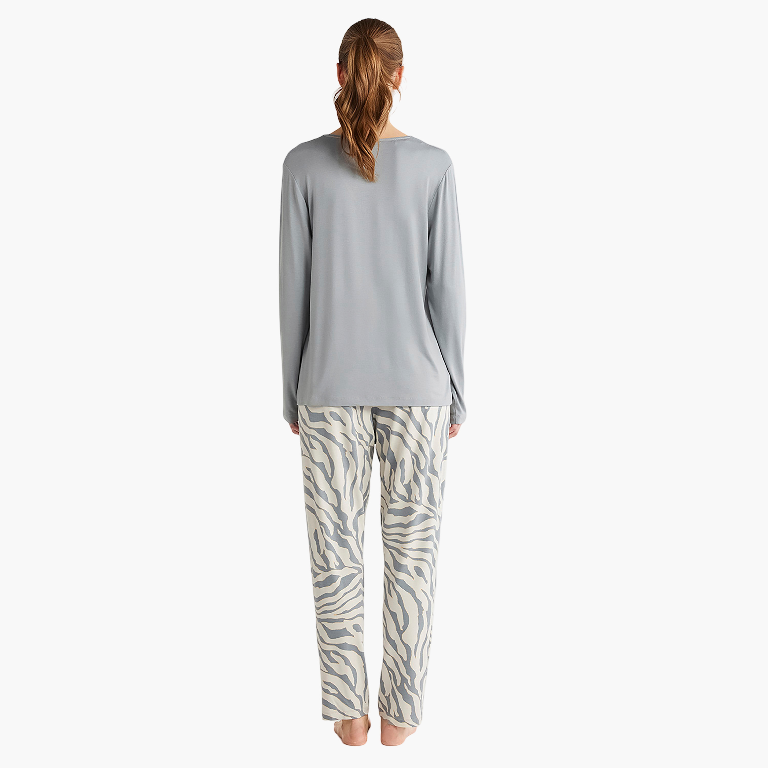 Catherine's Pyjama Set with Printed & Lace Detail V-Neck T-Shirt and Women's Pyjama-women-clothing-nightwear-pyjamas-longsets-image-3