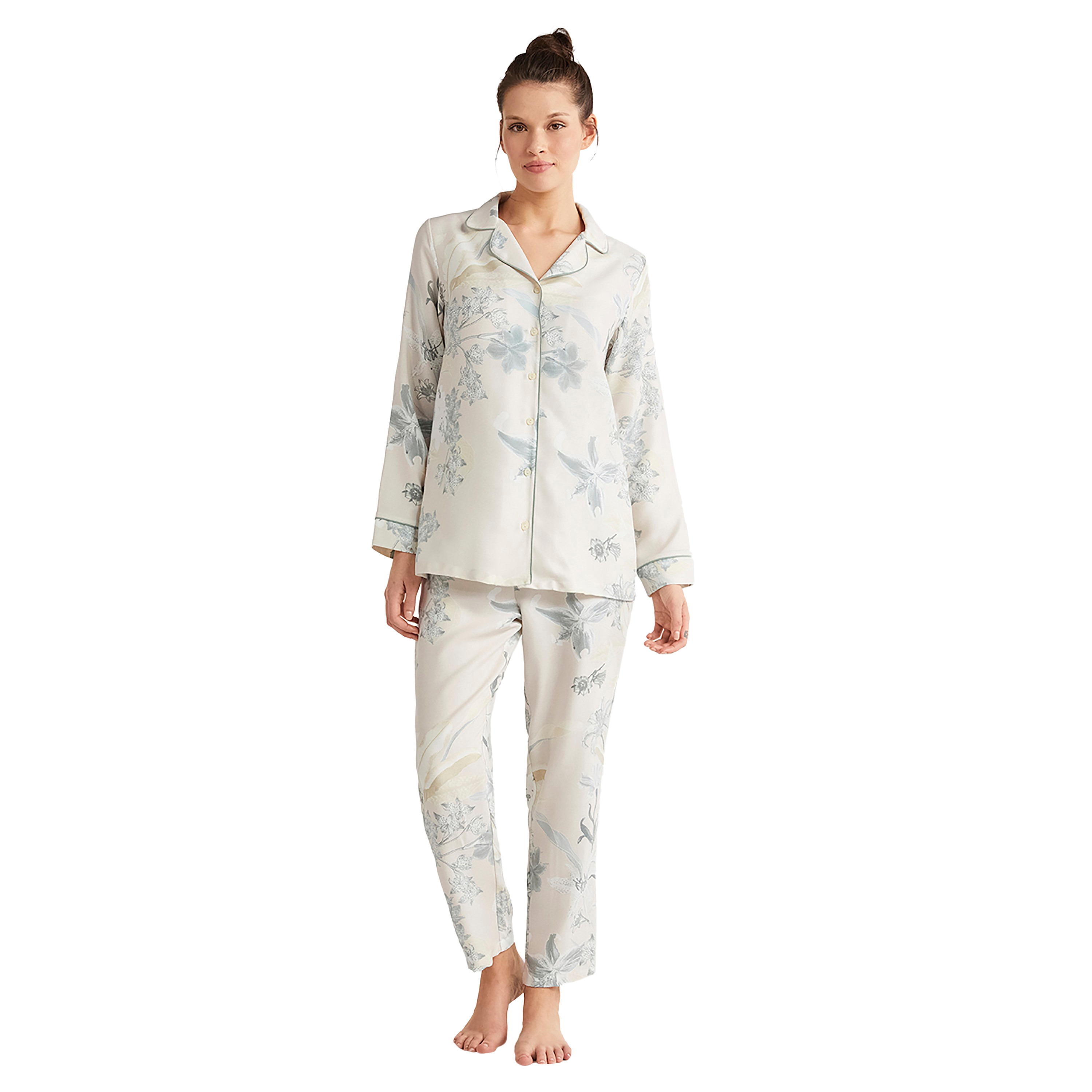 طقم بيجامة مع قميص داخلي بياقة كوبية مزخرفة بالزهور وبيجامة نسائية من كاثرينز-women-clothing-nightwear-pyjamas-longsets-image-1