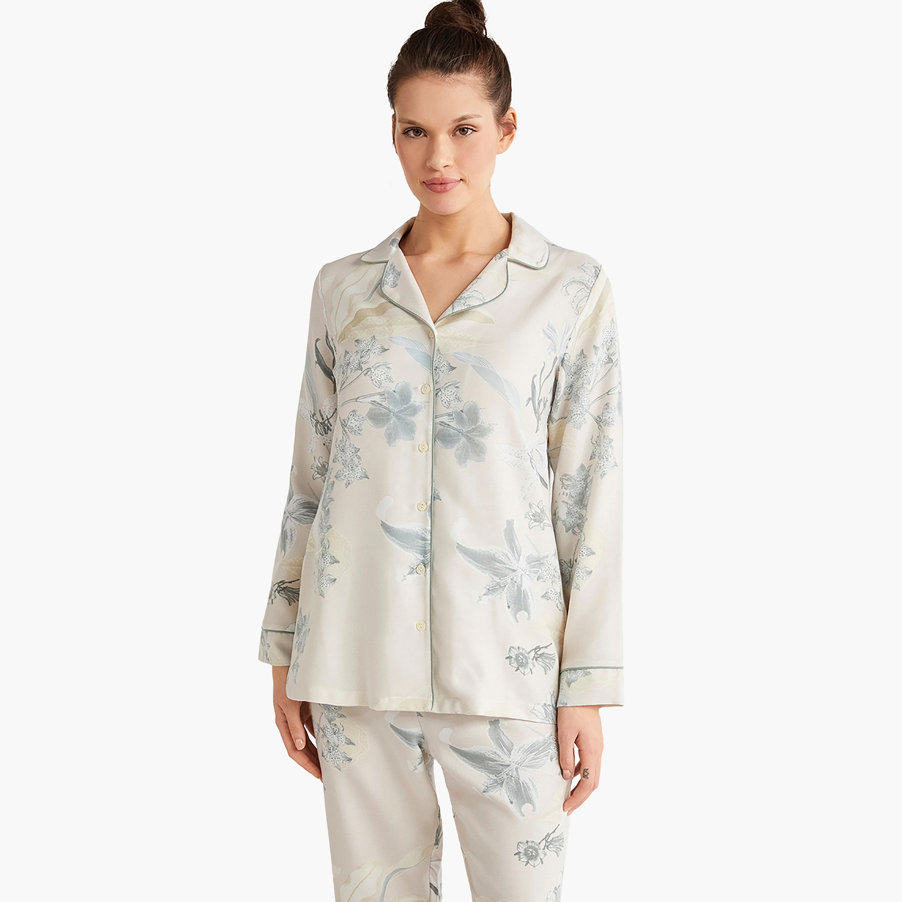طقم بيجامة مع قميص داخلي بياقة كوبية مزخرفة بالزهور وبيجامة نسائية من كاثرينز-women-clothing-nightwear-pyjamas-longsets-image-3