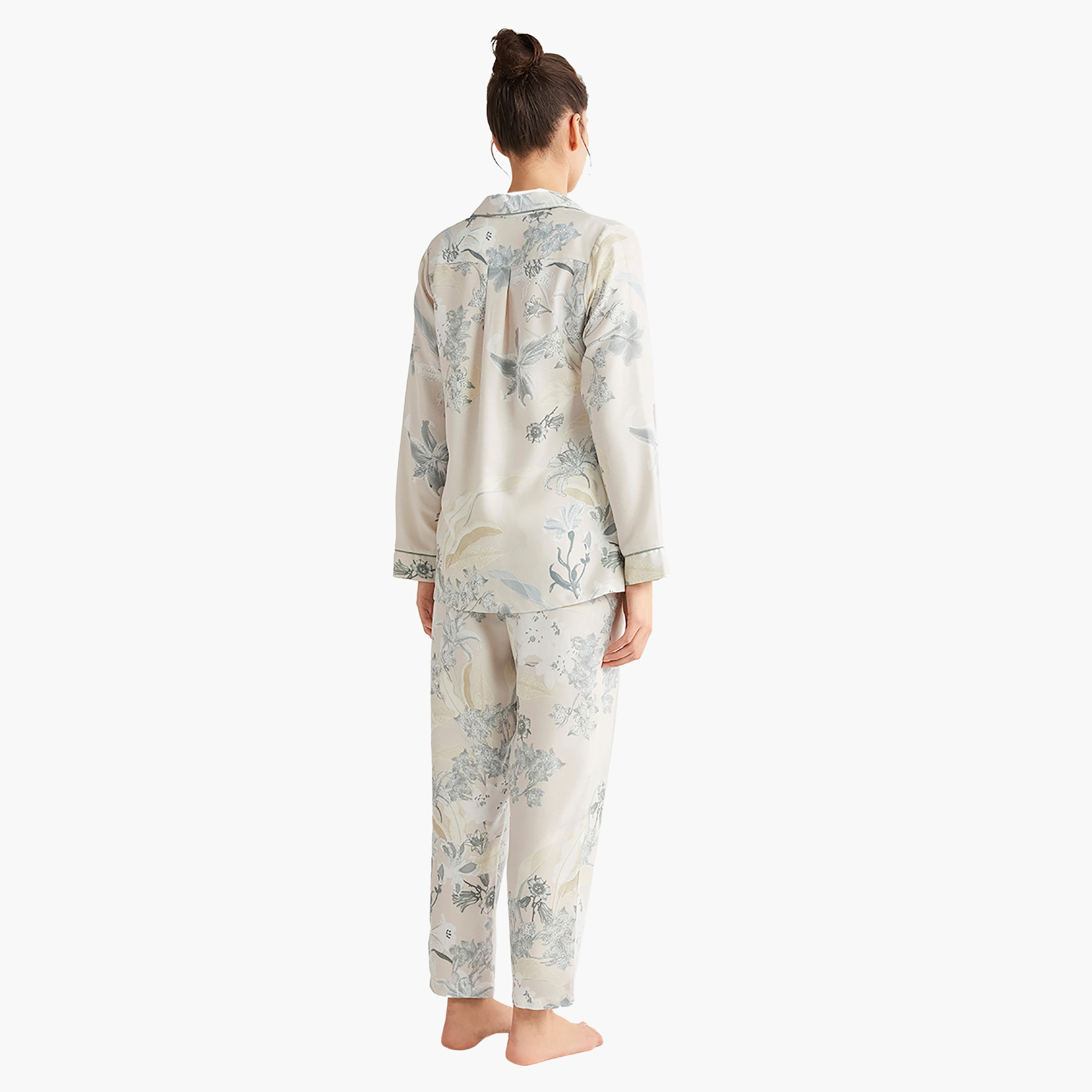 طقم بيجامة مع قميص داخلي بياقة كوبية مزخرفة بالزهور وبيجامة نسائية من كاثرينز-women-clothing-nightwear-pyjamas-longsets-image-4