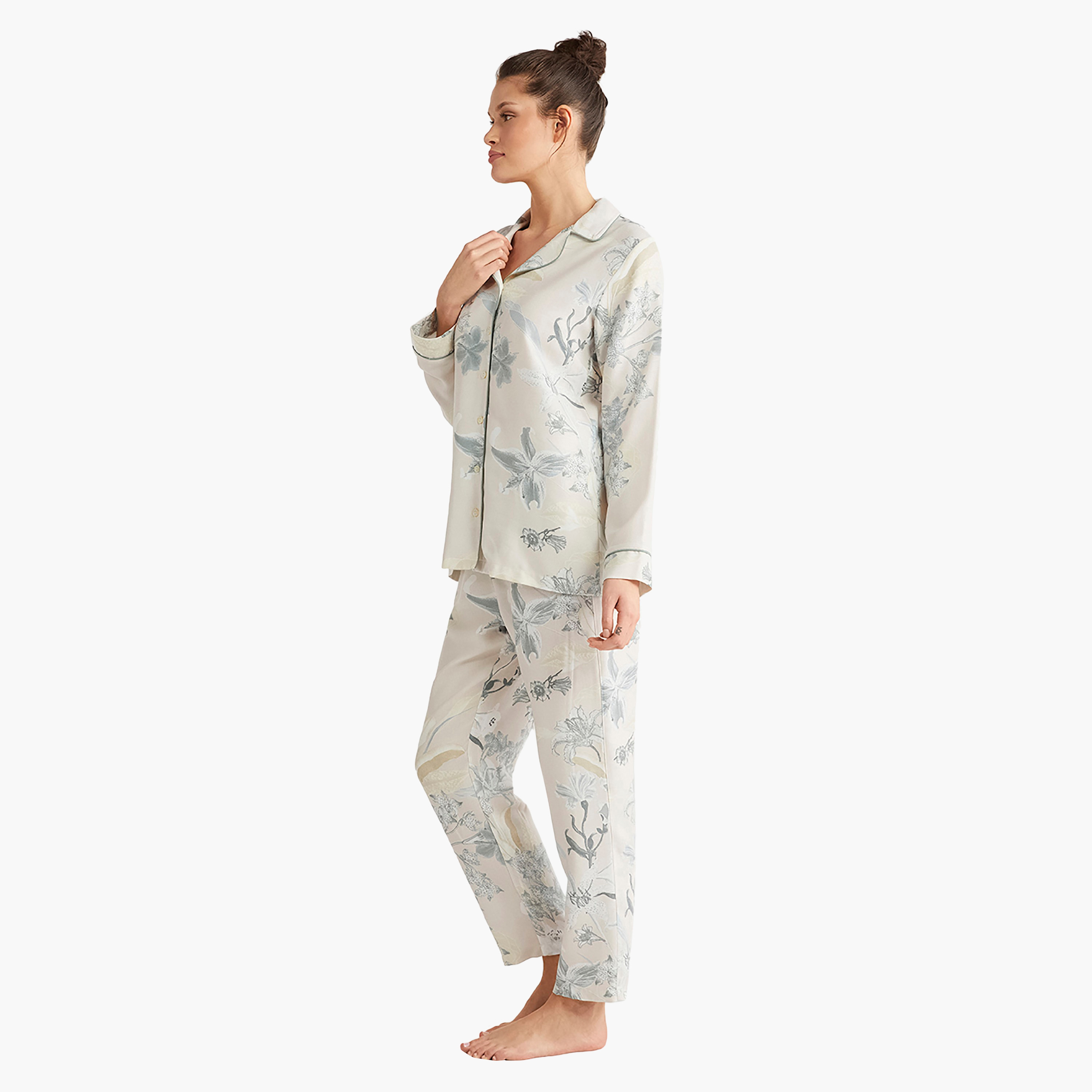 طقم بيجامة مع قميص داخلي بياقة كوبية مزخرفة بالزهور وبيجامة نسائية من كاثرينز-women-clothing-nightwear-pyjamas-longsets-image-5