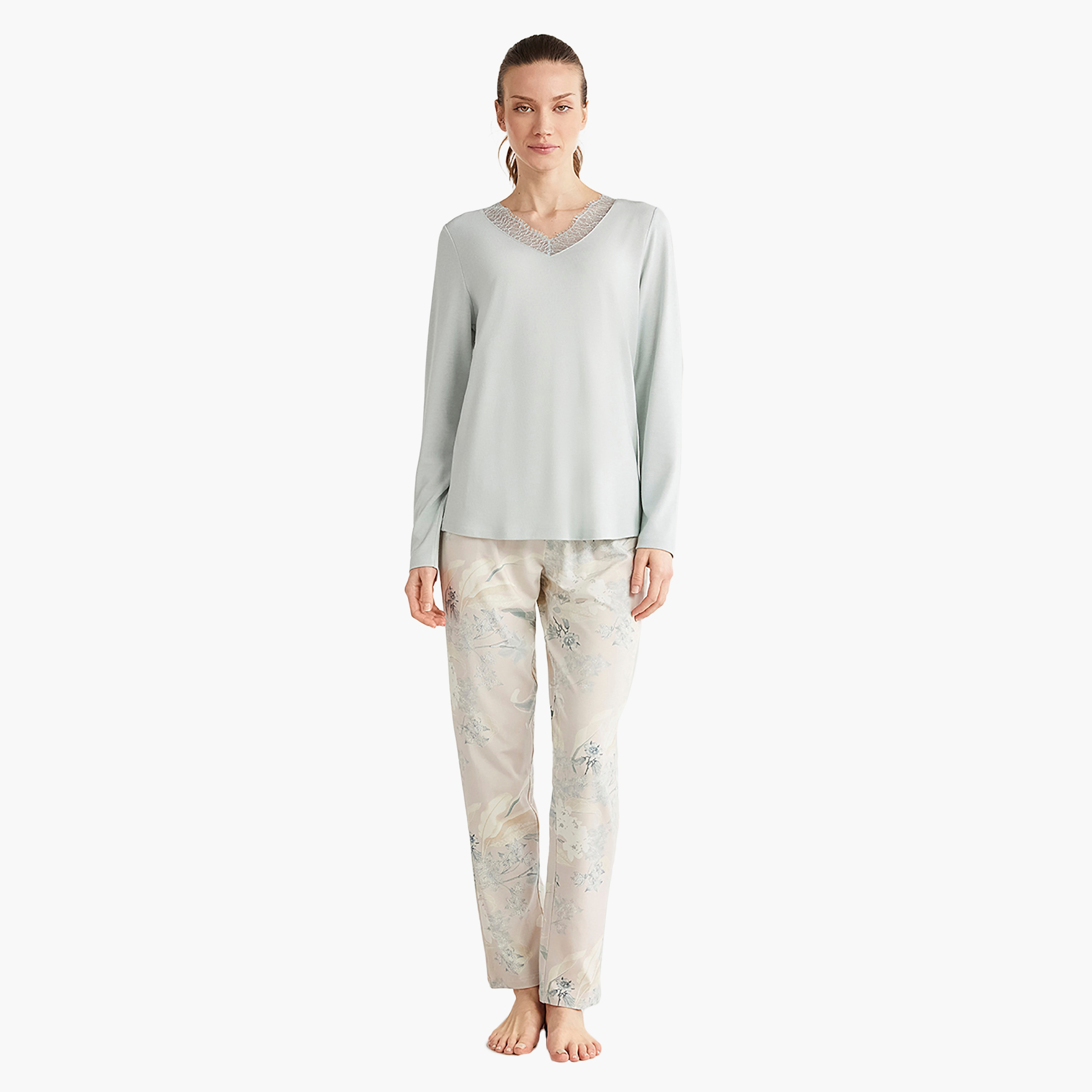 Catherine's Pyjama Set with Printed & Lace Detail V-Neck T-Shirt and Women's Pyjama-women-clothing-nightwear-pyjamas-longsets-image-1