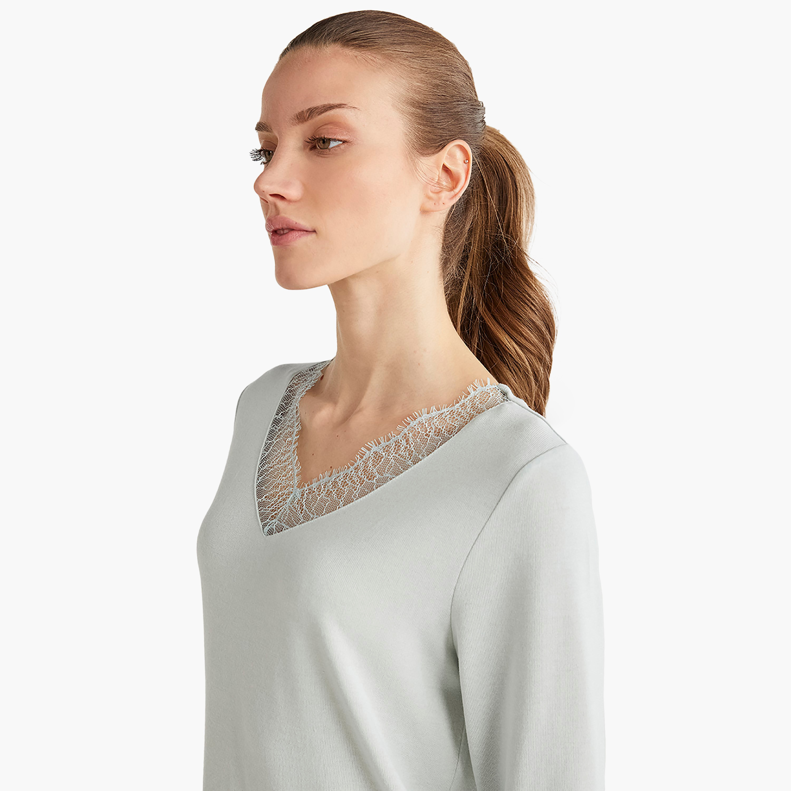 Catherine's Pyjama Set with Printed & Lace Detail V-Neck T-Shirt and Women's Pyjama-women-clothing-nightwear-pyjamas-longsets-image-2
