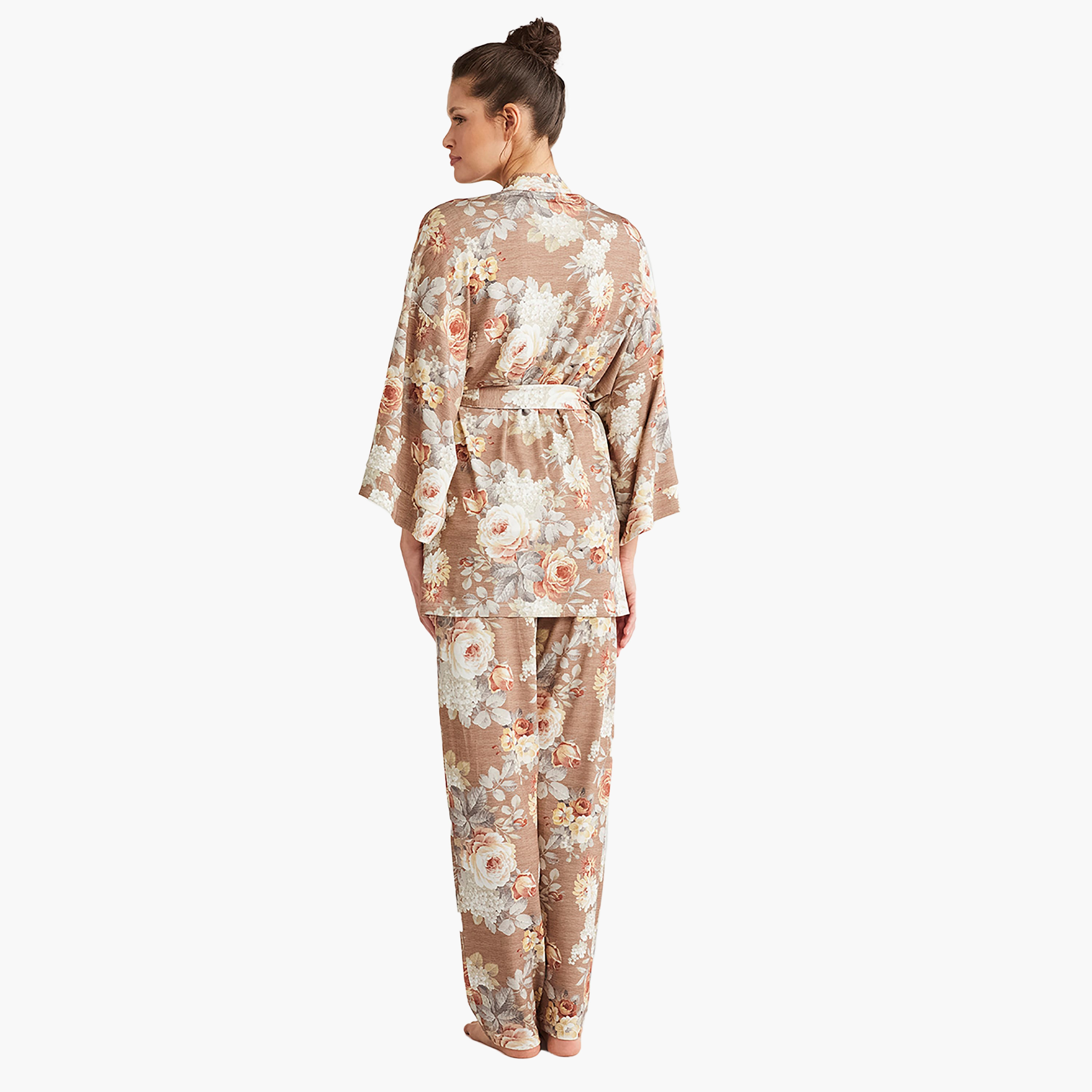 طقم رداء المكون من 3 قطع مع تي شيرت بفتحة رقبة V وبنطلون ورداء نسائي من كاثرينز-women-clothing-nightwear-pyjamas-longsets-image-4