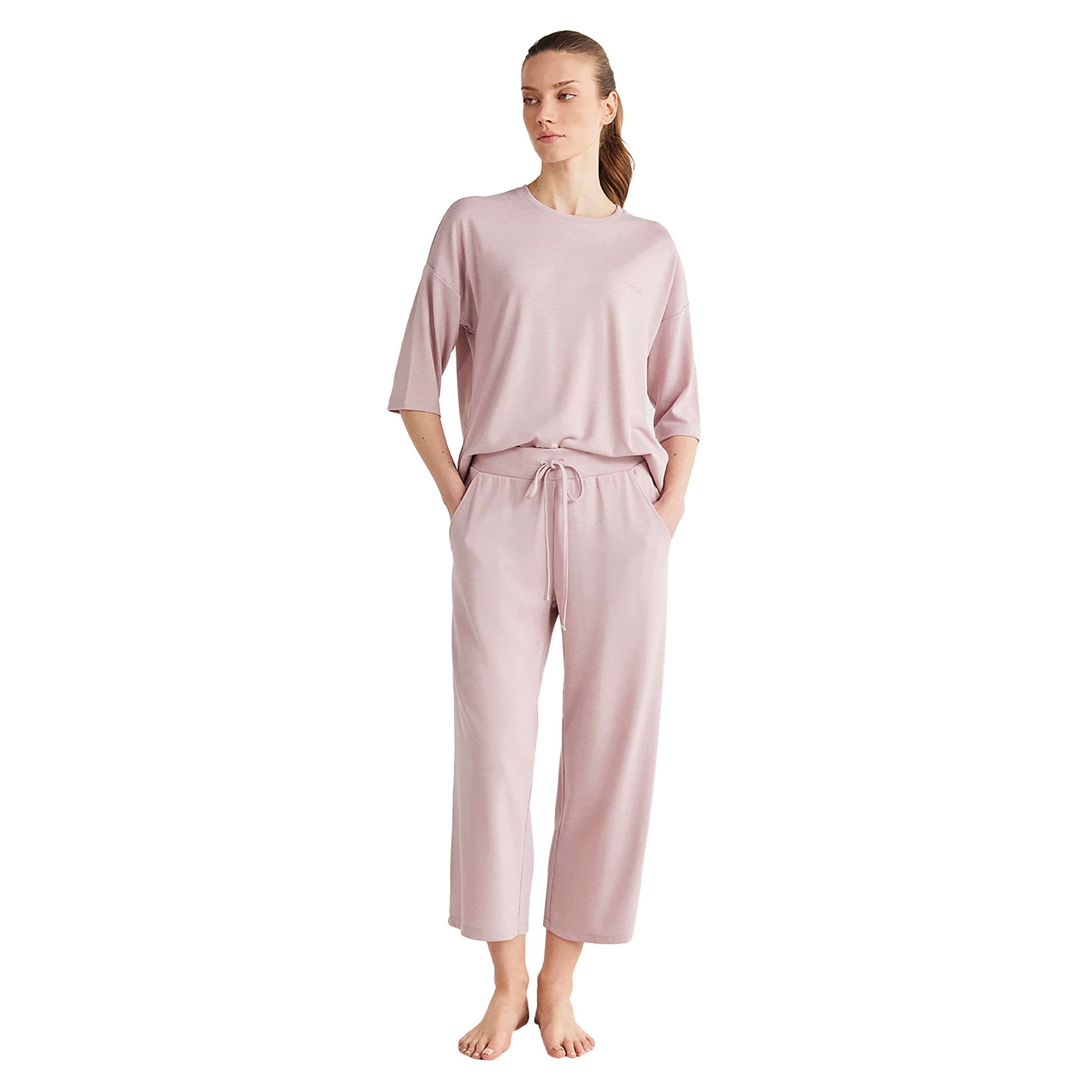 طقم بيجامة مع تي شيرت سادة برقبة دائرية وبيجامة نسائية من كاثرينز-women-clothing-nightwear-pyjamas-longsets-image-1