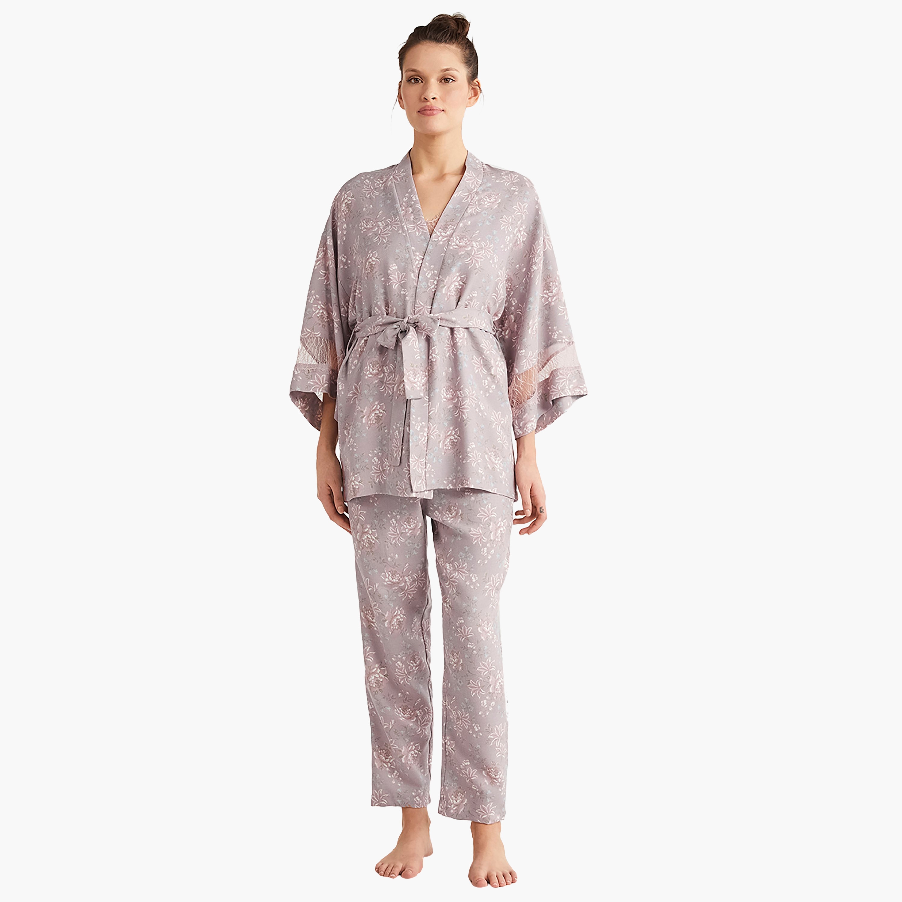Catherine's 3 Piece Robe Set with Floral V-Neck Camisole and Pants & Women's Robe-women-clothing-nightwear-pyjamas-longsets-image-1