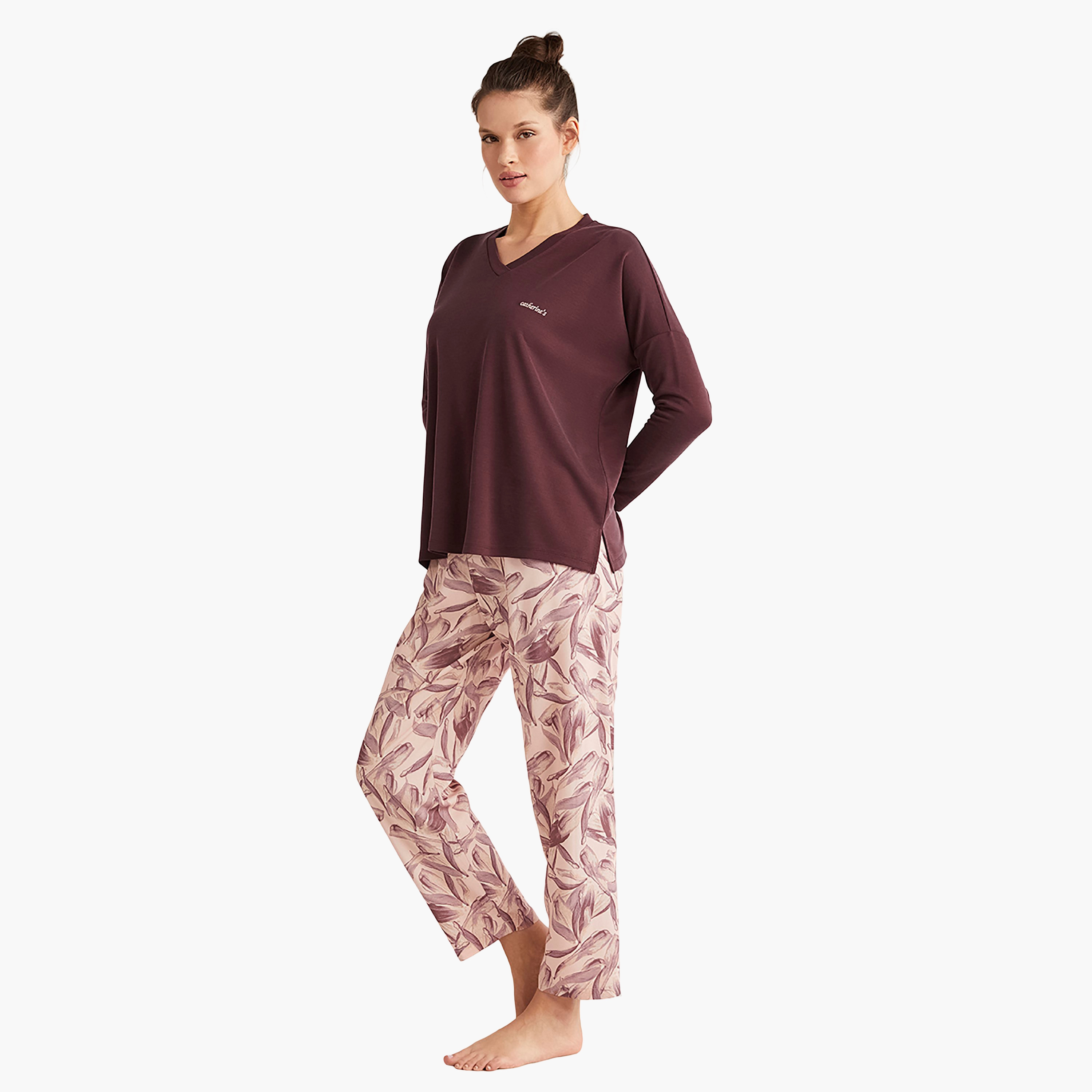 Catherine's Pyjama Set with Floral V-Neck T-Shirt and Women's Pyjama-women-clothing-nightwear-pyjamas-longsets-image-5