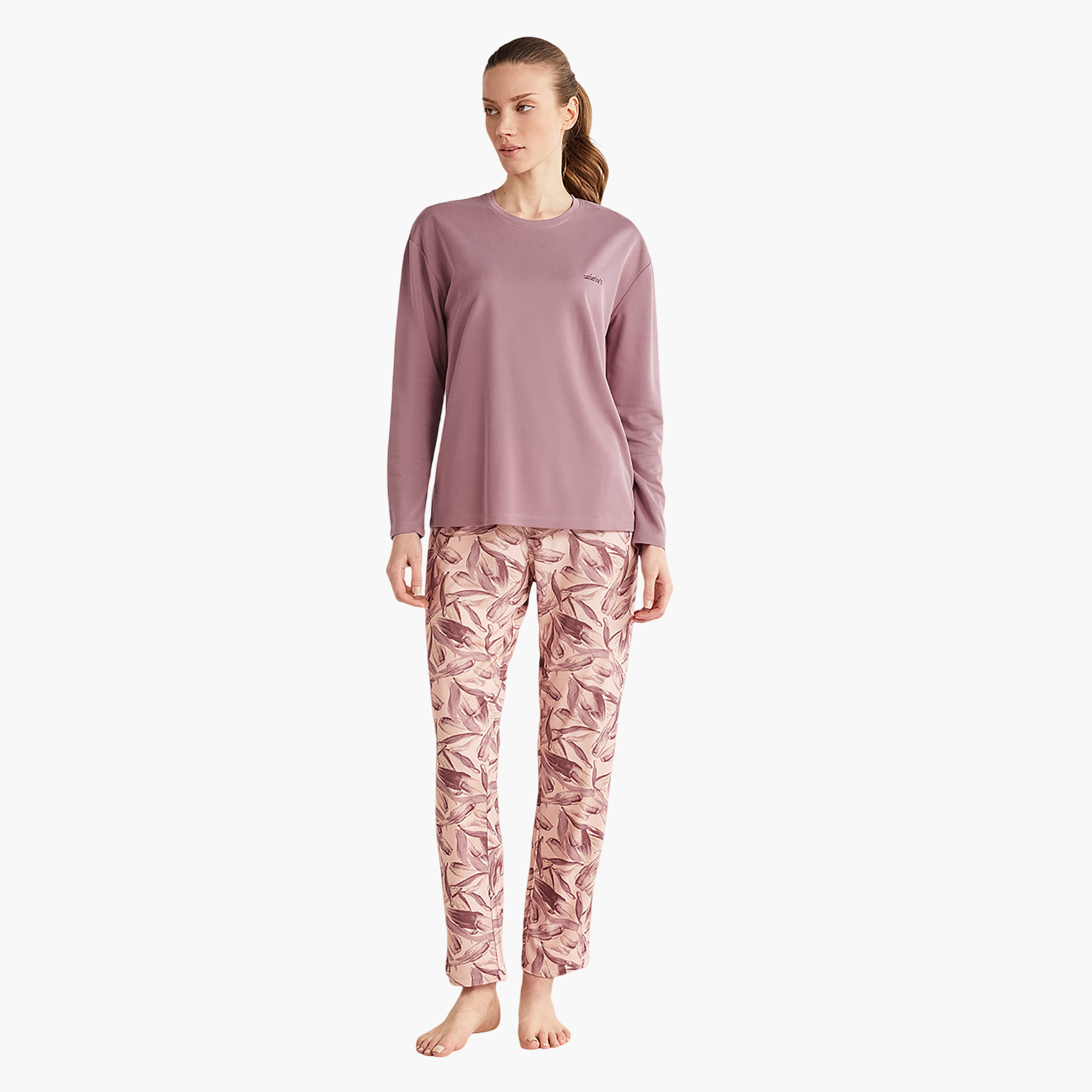 Catherine's Pyjama Set with Floral Round Neck T-Shirt and Women's Pyjama-women-clothing-nightwear-pyjamas-longsets-image-1