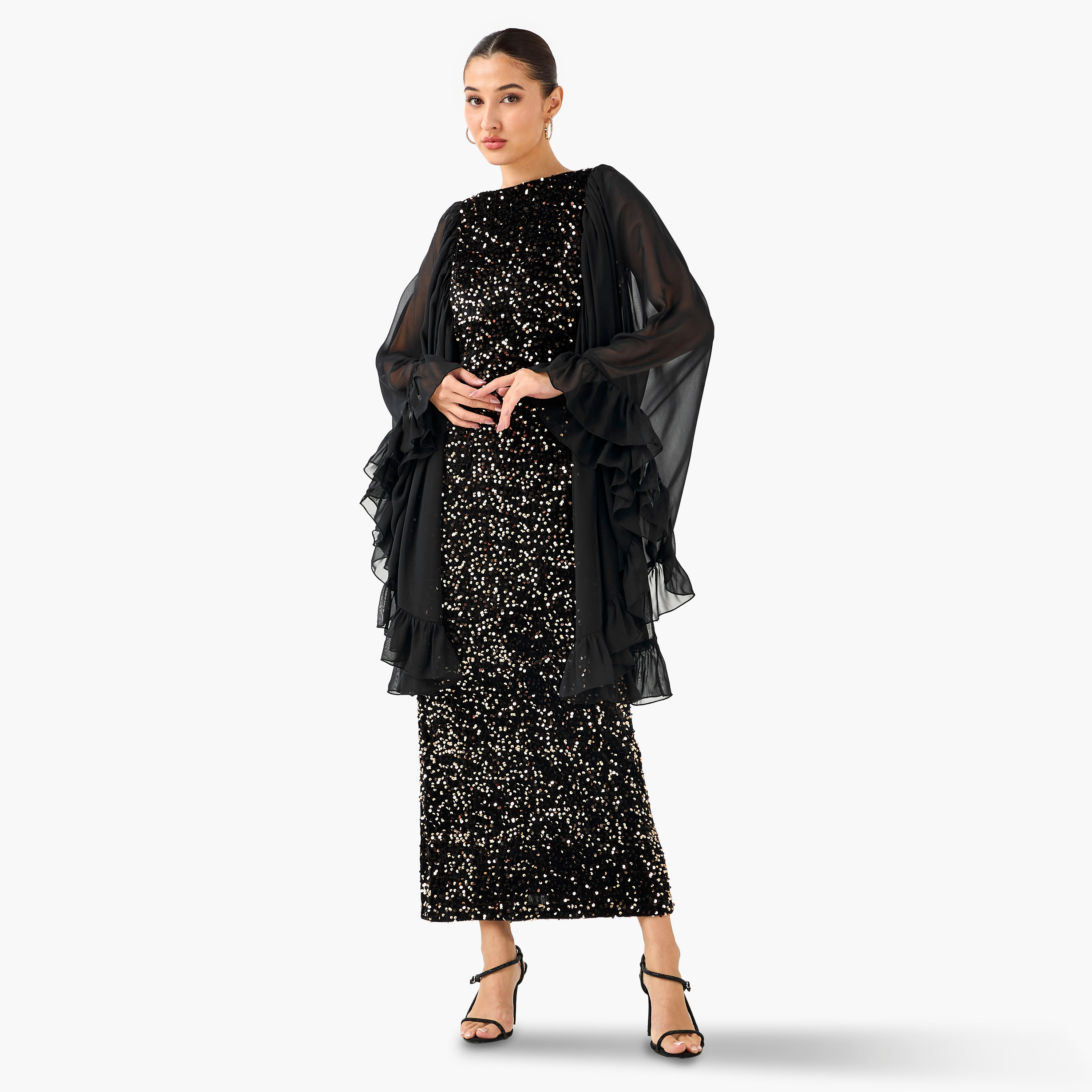 Golden Apple Embellished Shift Maxi Polyester Dress with Slit-women-clothing-dresses-image-1