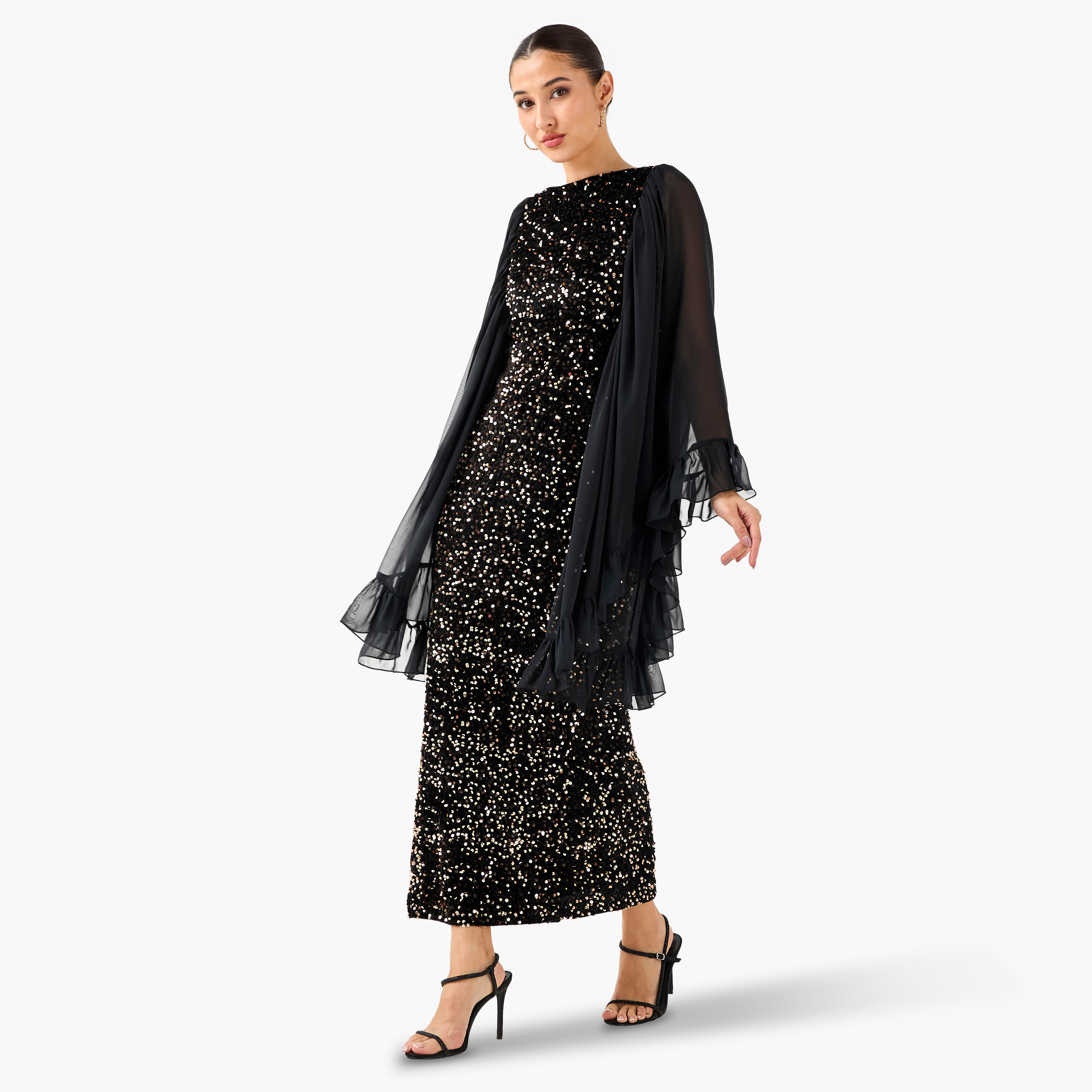 Golden Apple Embellished Shift Maxi Polyester Dress with Slit-women-clothing-dresses-image-2