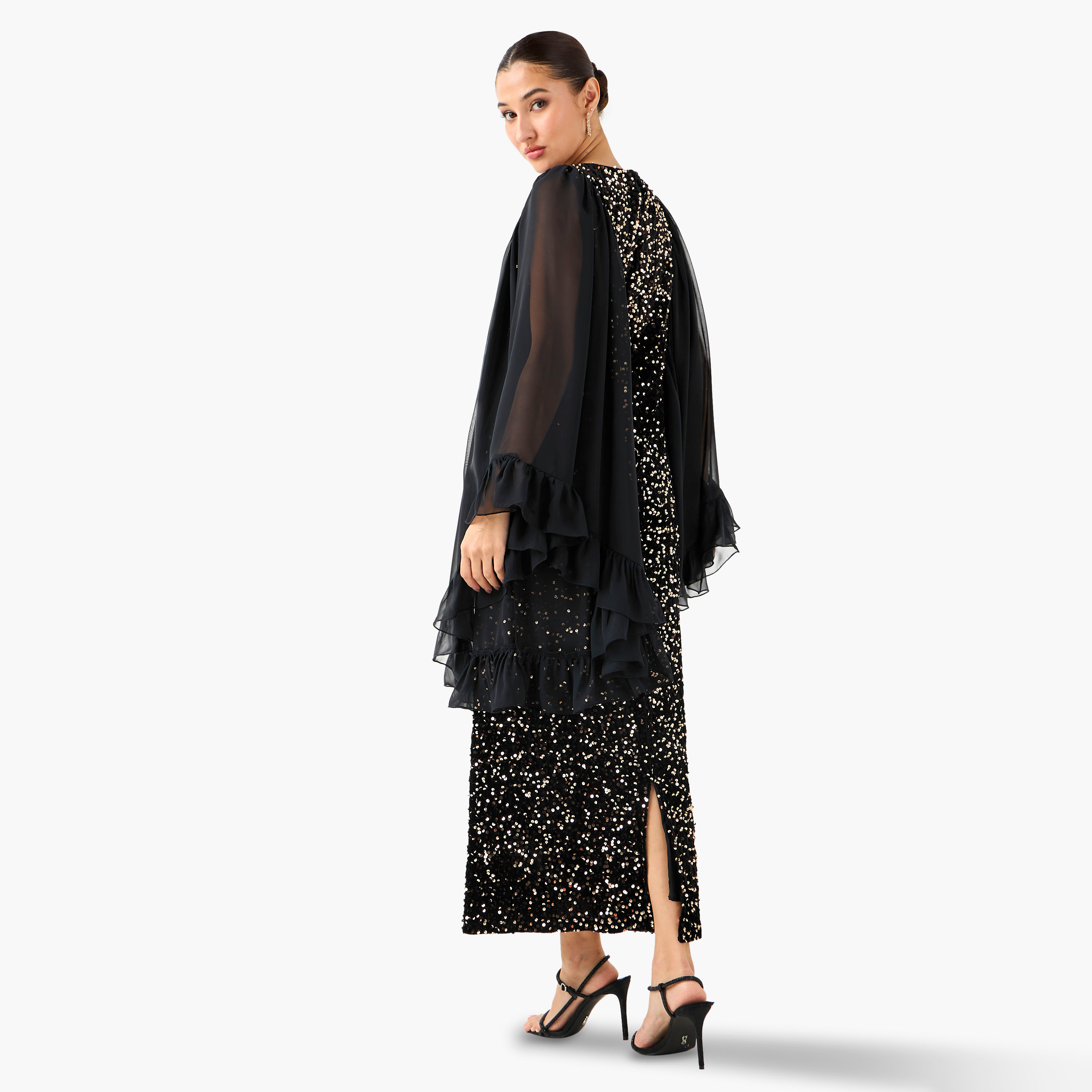 Golden Apple Embellished Shift Maxi Polyester Dress with Slit-women-clothing-dresses-image-3