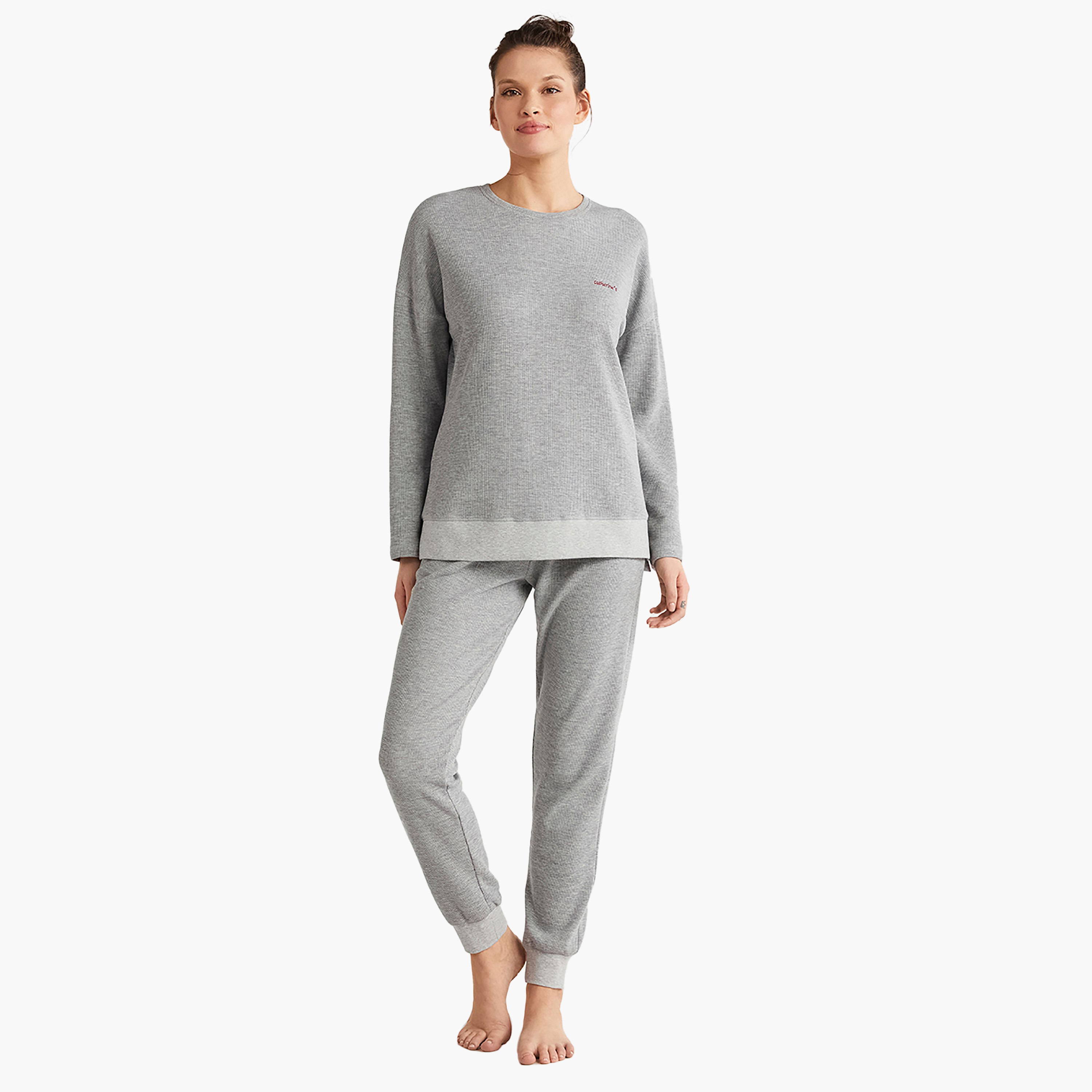 Catherine's Pyjama Set with Textured Round Neck T-Shirt and Women's Pyjama-women-clothing-nightwear-pyjamas-longsets-image-1