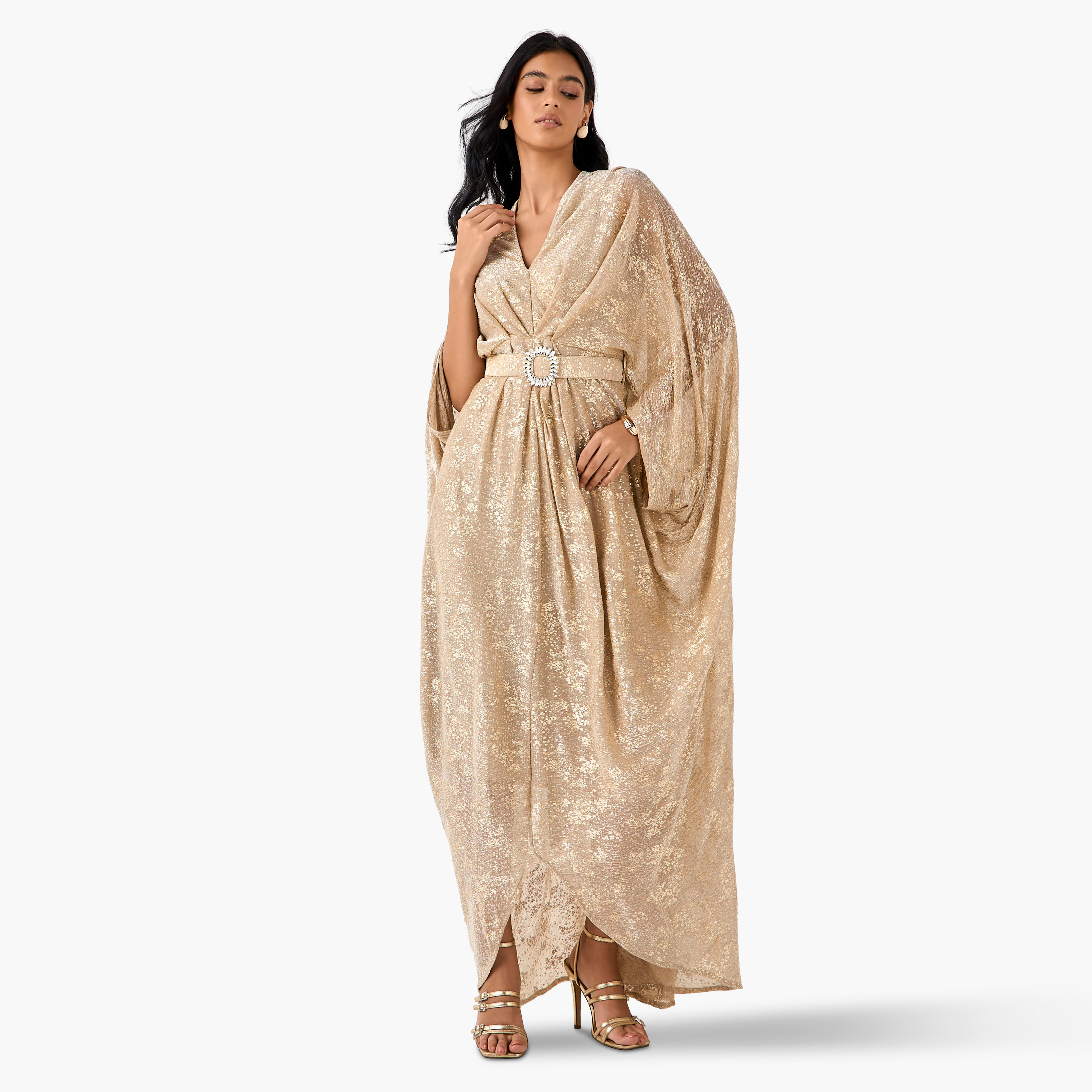 Textured Golden Apple Kaftan Maxi Polyester Dress with V-neck-women-clothing-dresses-image-1