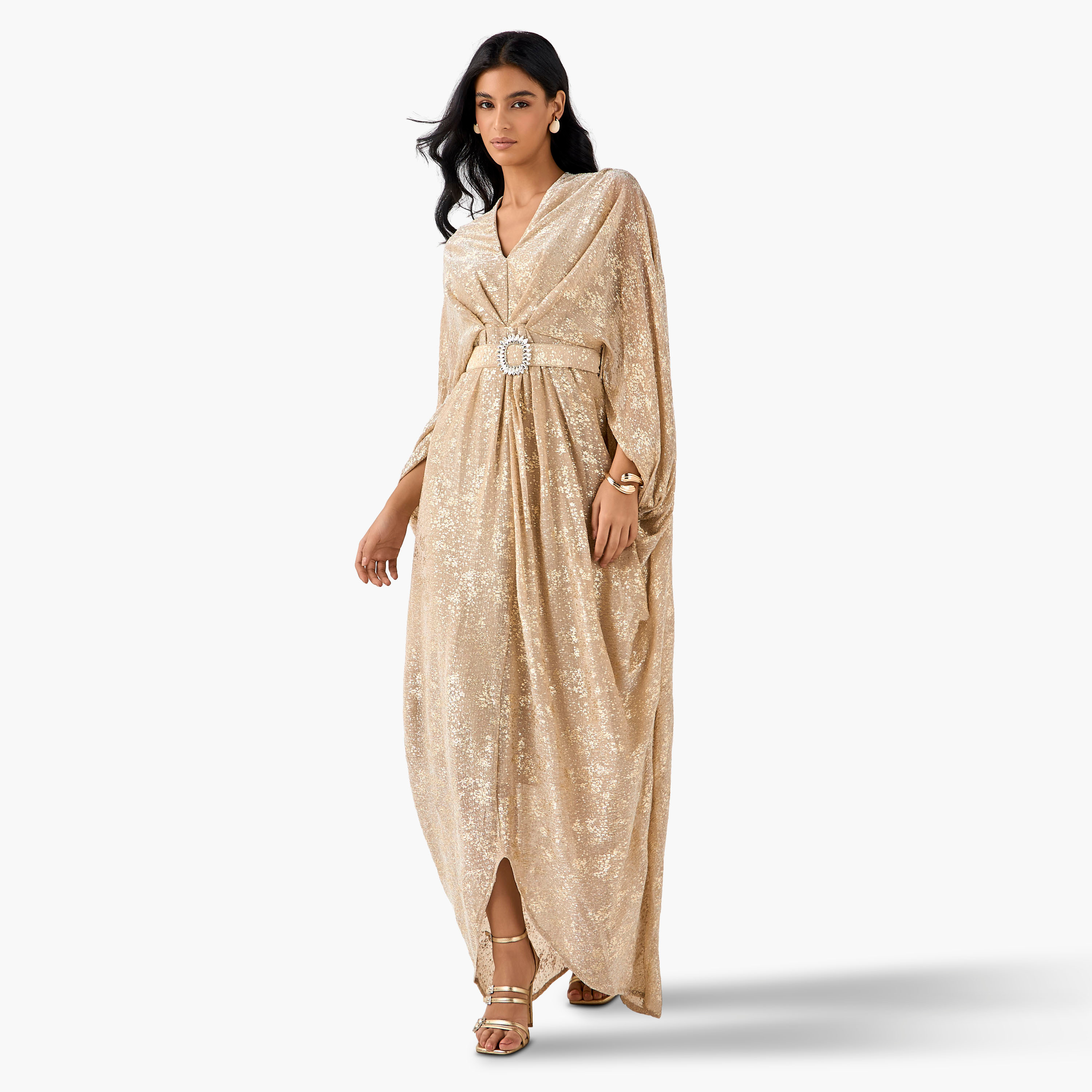 Textured Golden Apple Kaftan Maxi Polyester Dress with V-neck-women-clothing-dresses-image-2