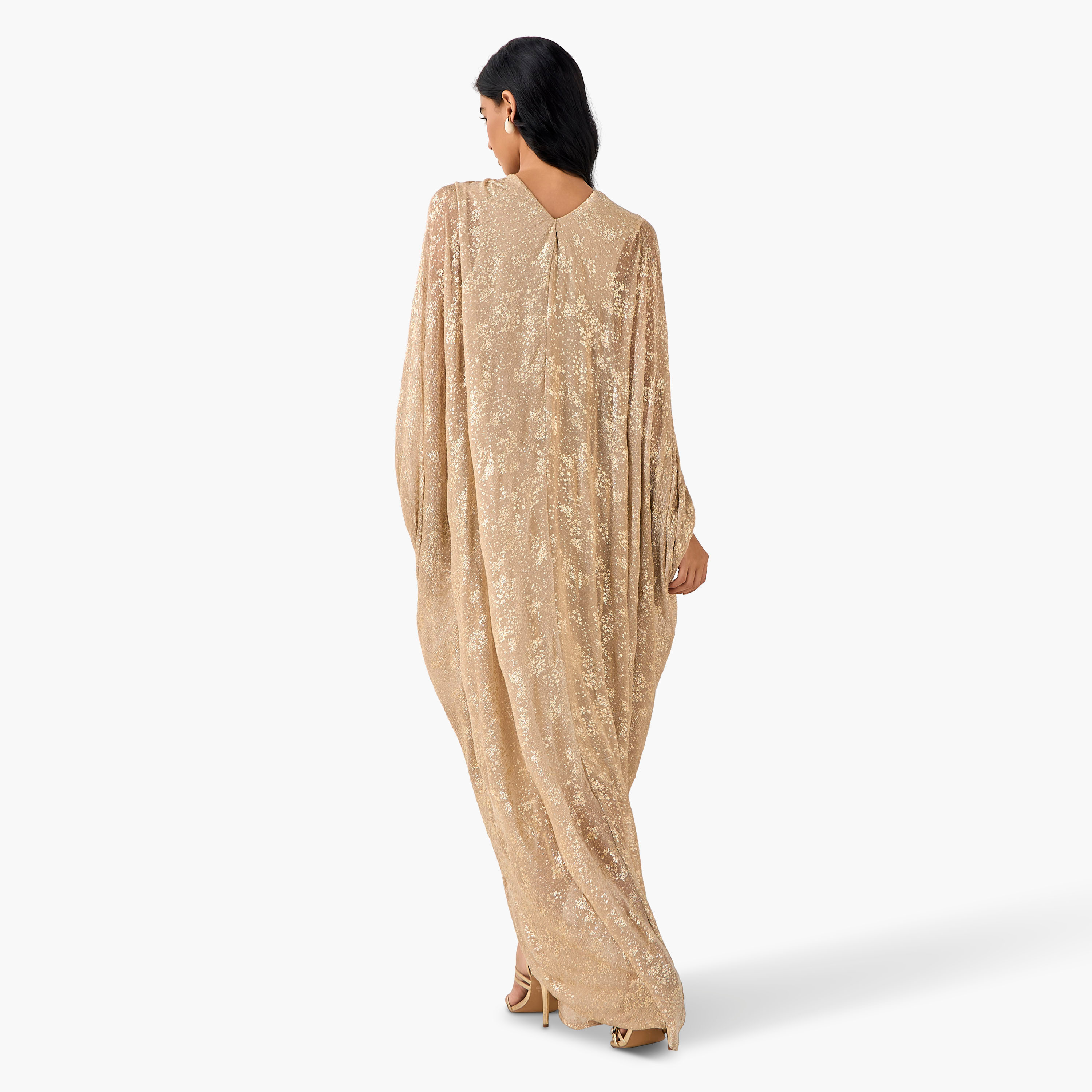 Textured Golden Apple Kaftan Maxi Polyester Dress with V-neck-women-clothing-dresses-image-3