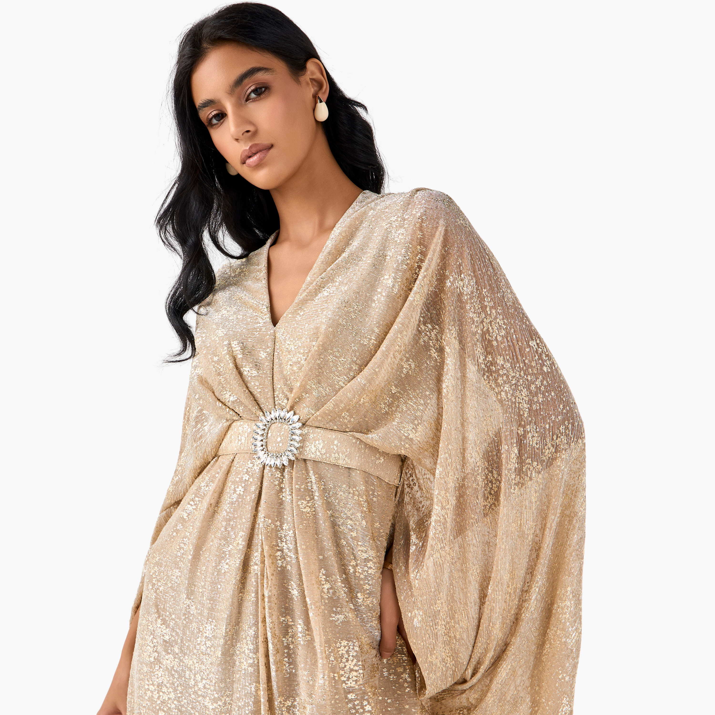Textured Golden Apple Kaftan Maxi Polyester Dress with V-neck-women-clothing-dresses-image-4