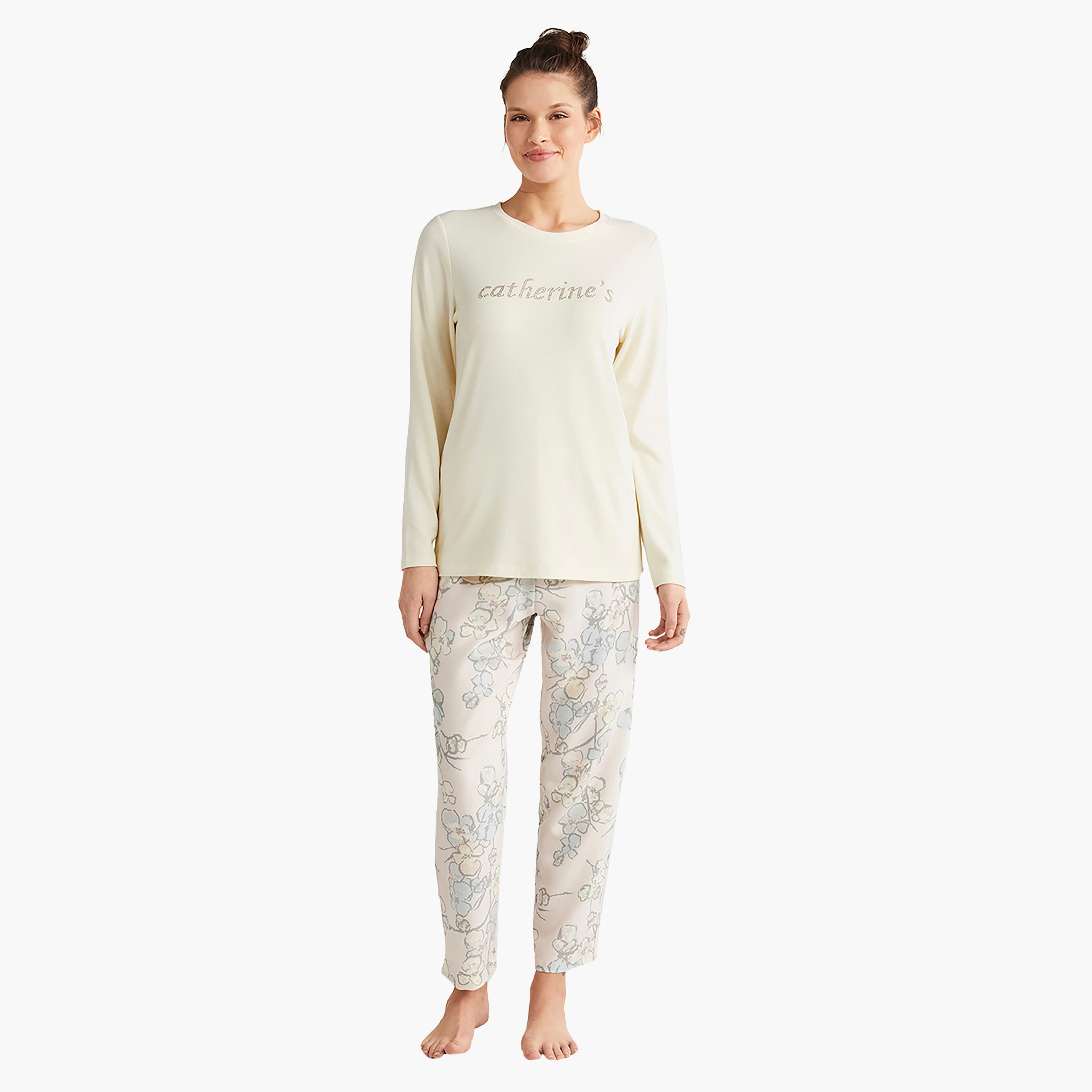 Catherine's Pyjama Set with Rhinestone Round Neck T-Shirt and Women's Pyjama-women-clothing-nightwear-pyjamas-longsets-image-1