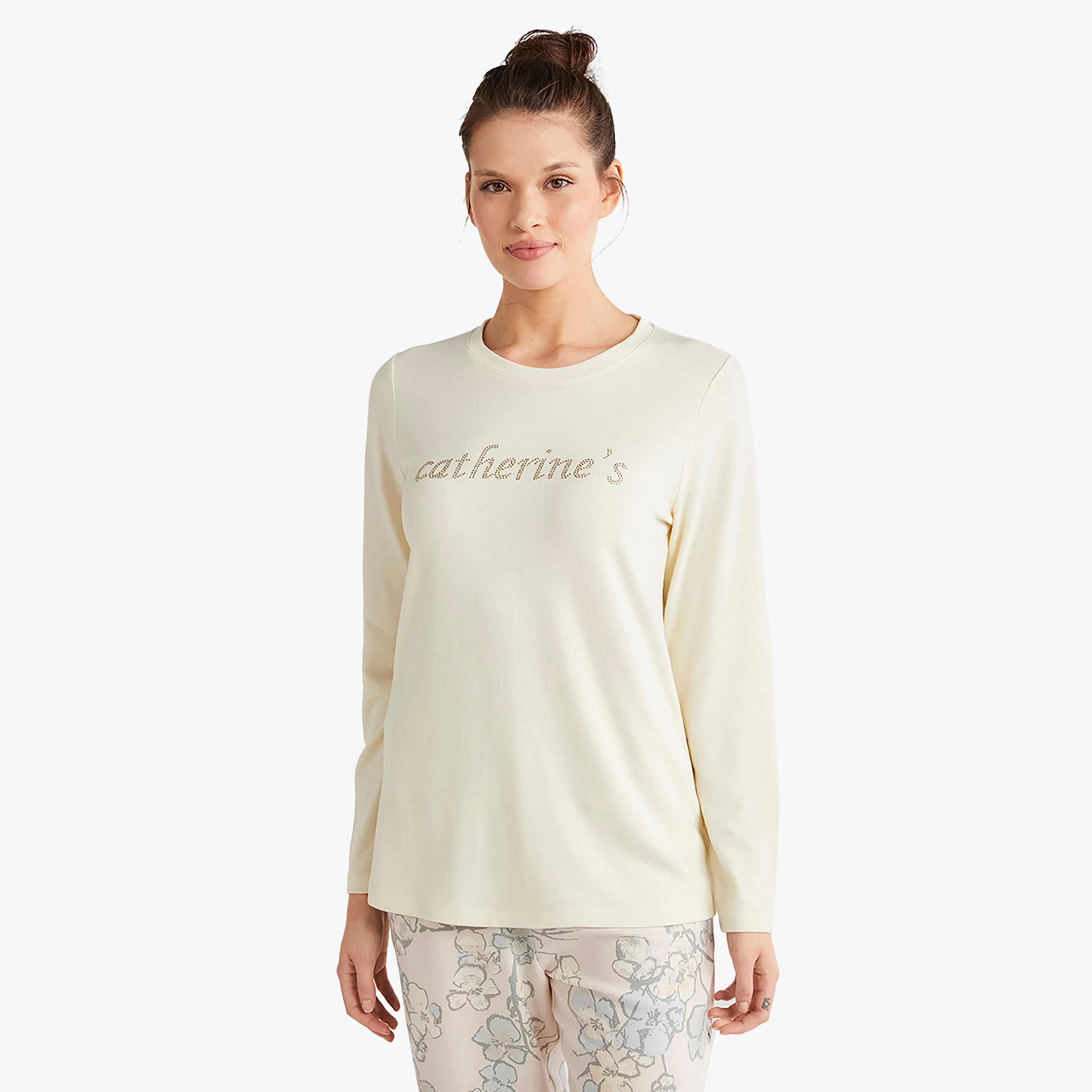 Catherine's Pyjama Set with Rhinestone Round Neck T-Shirt and Women's Pyjama-women-clothing-nightwear-pyjamas-longsets-image-3