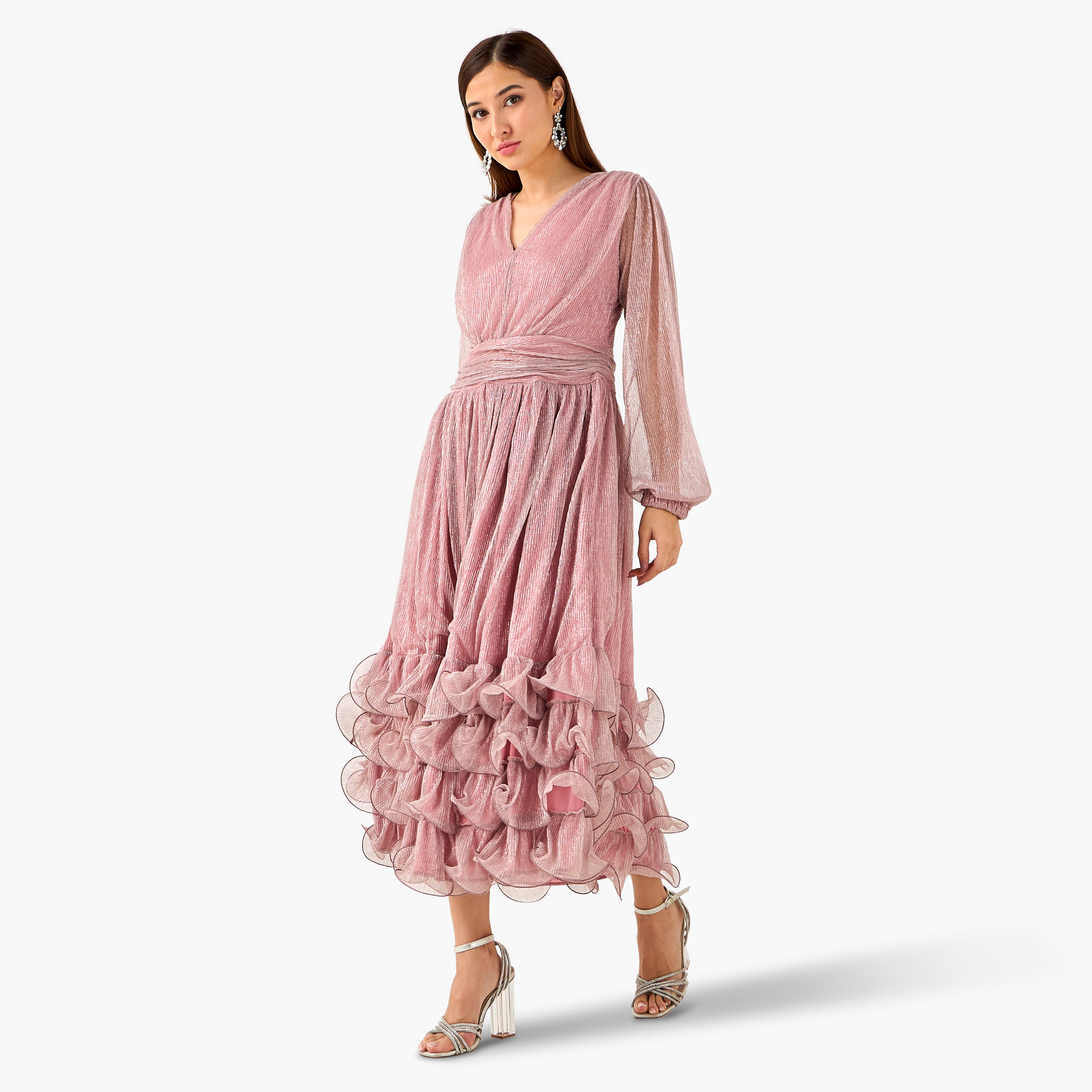Golden Apple Pleated Maxi Polyester Dress with V-neck-women-clothing-dresses-image-1