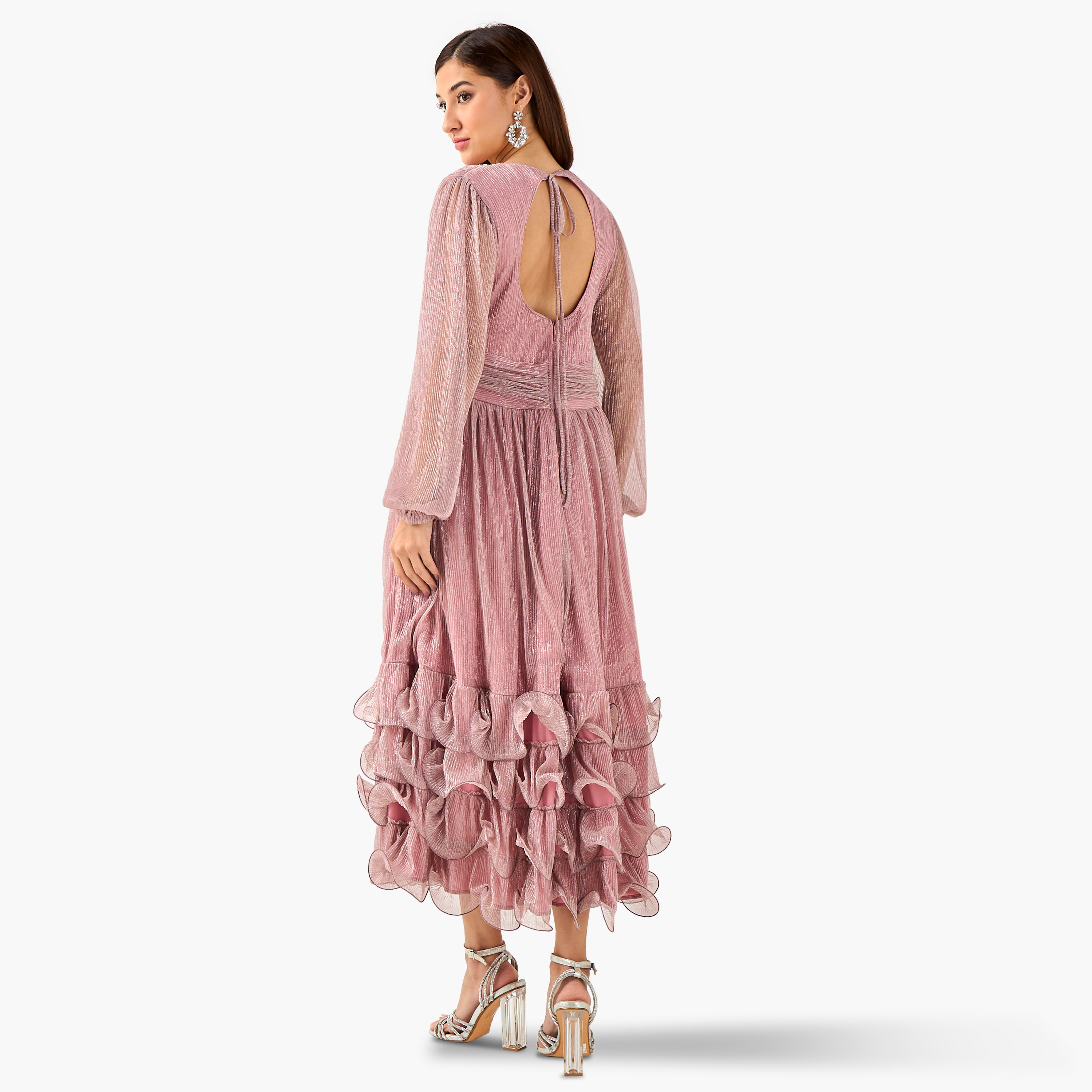 Golden Apple Pleated Maxi Polyester Dress with V-neck-women-clothing-dresses-image-2
