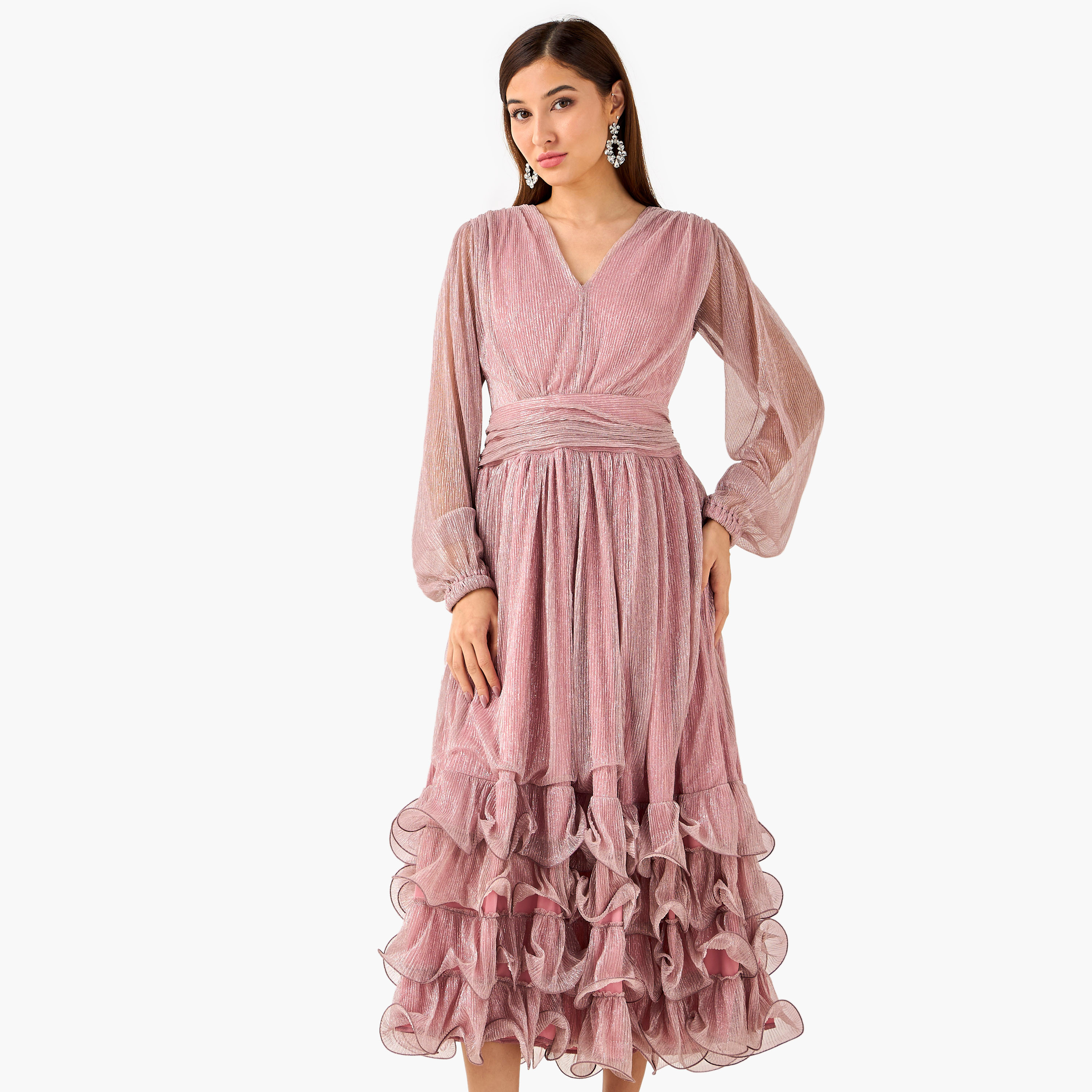 Golden Apple Pleated Maxi Polyester Dress with V-neck-women-clothing-dresses-image-3
