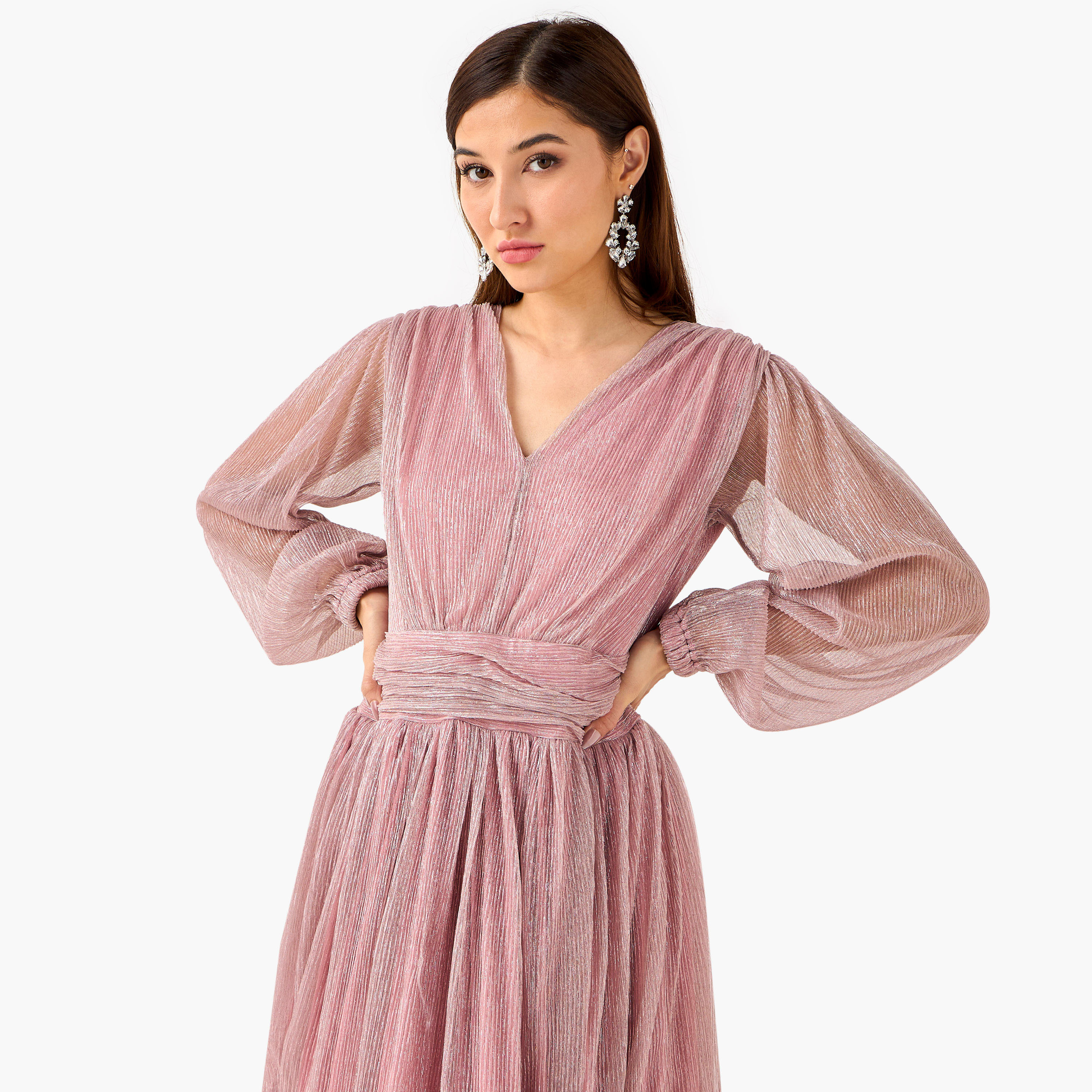 Golden Apple Pleated Maxi Polyester Dress with V-neck-women-clothing-dresses-image-4