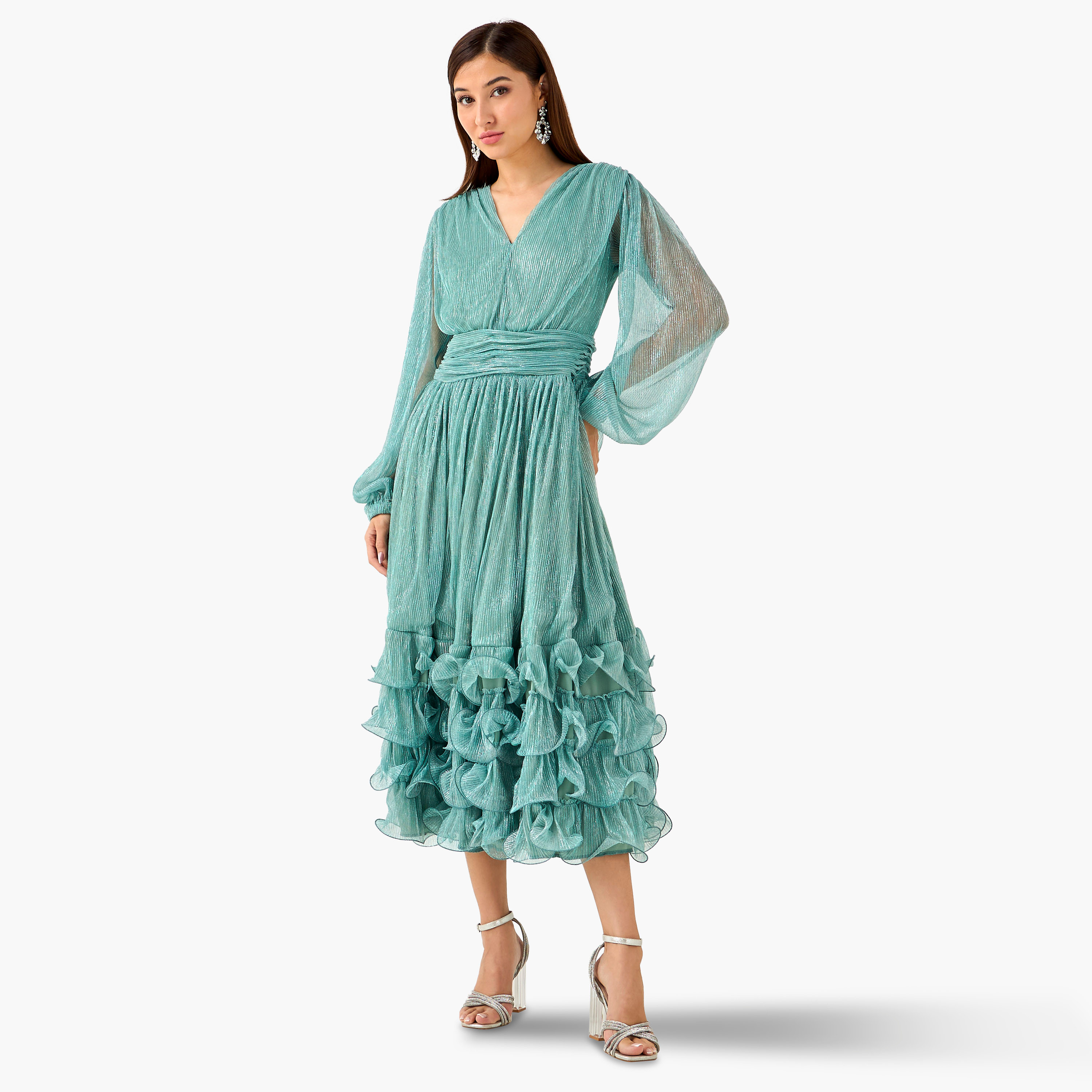 Golden Apple Pleated Maxi Polyester Dress with V-neck-women-clothing-dresses-image-15
