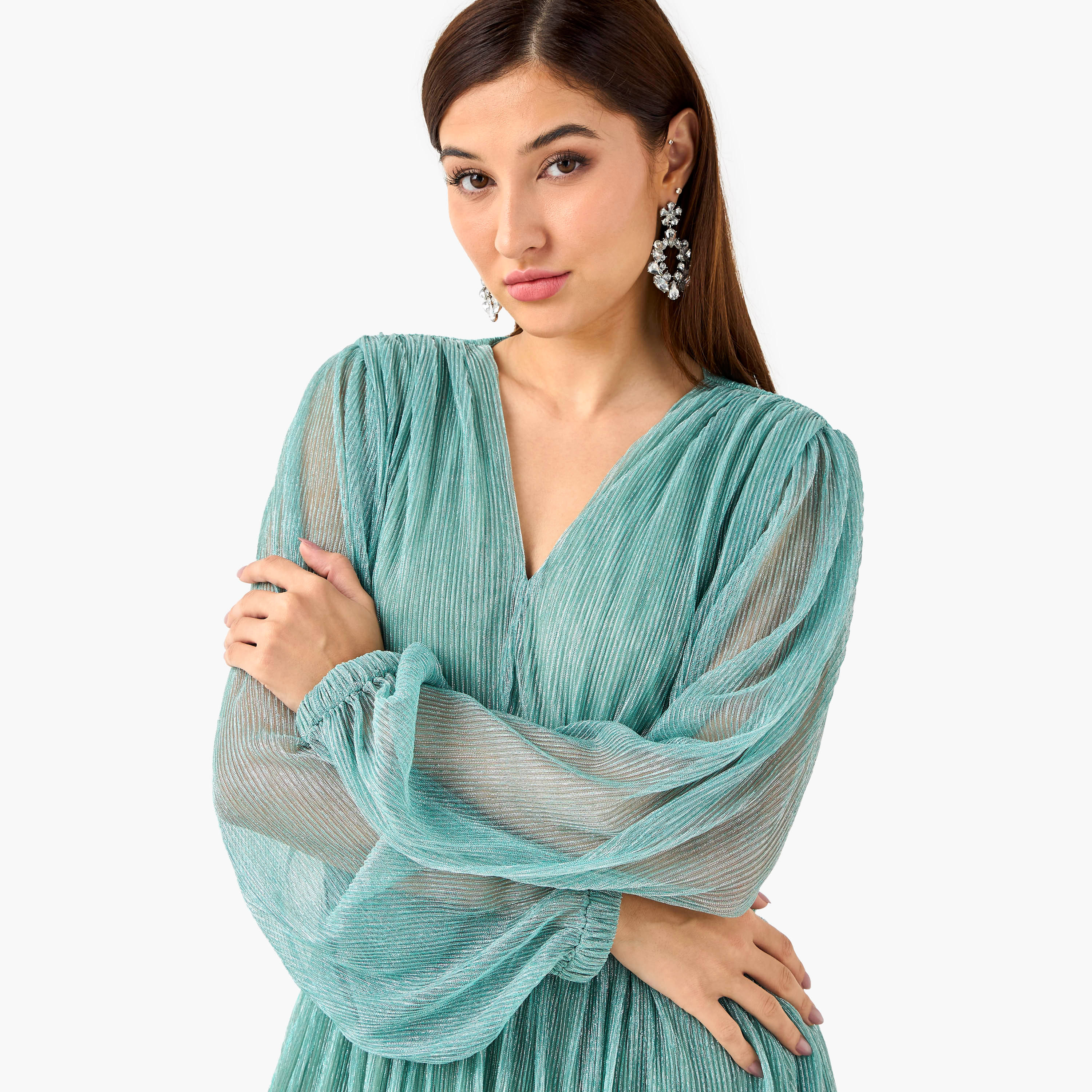 Golden Apple Pleated Maxi Polyester Dress with V-neck-women-clothing-dresses-image-17