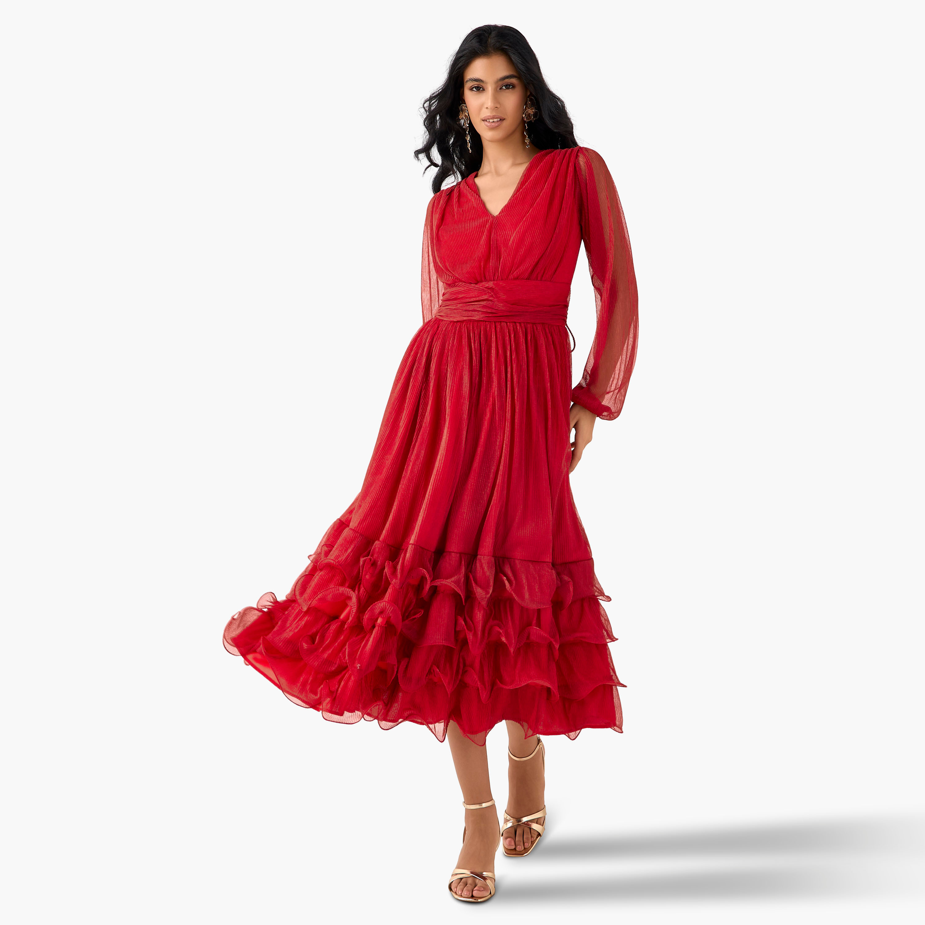 Golden Apple Pleated Maxi Polyester Dress with V-neck-women-clothing-dresses-image-1