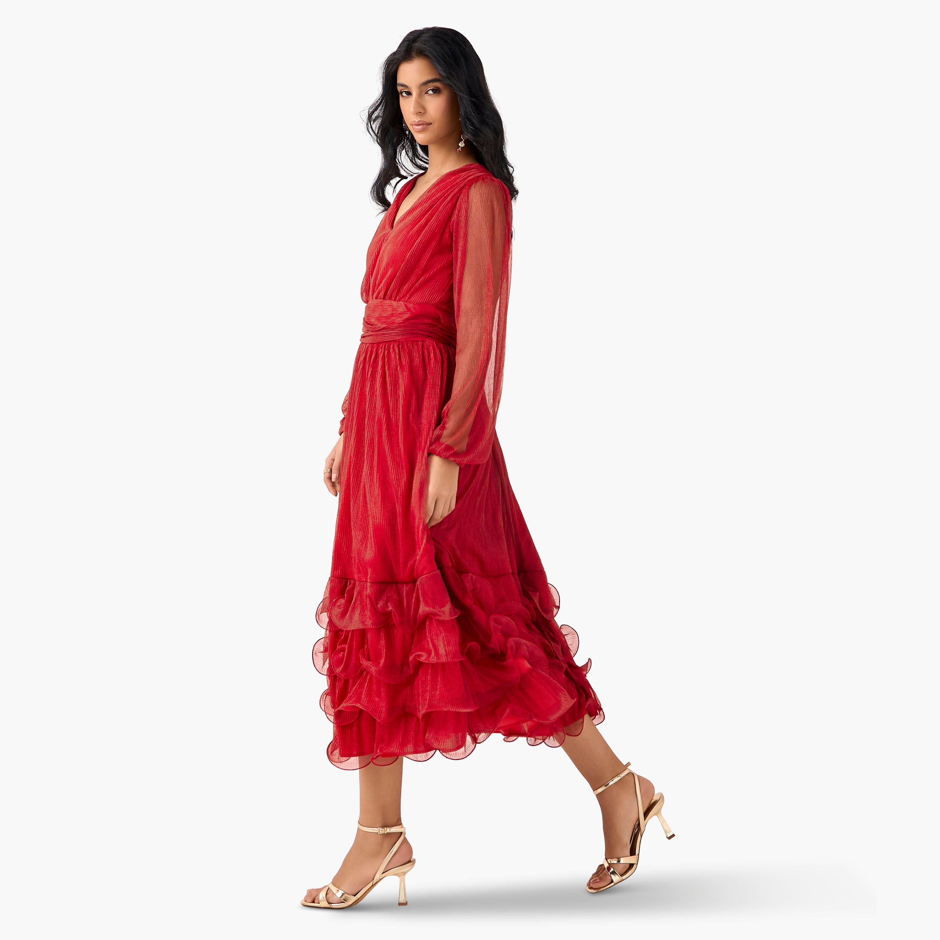 Golden Apple Pleated Maxi Polyester Dress with V-neck-women-clothing-dresses-image-8