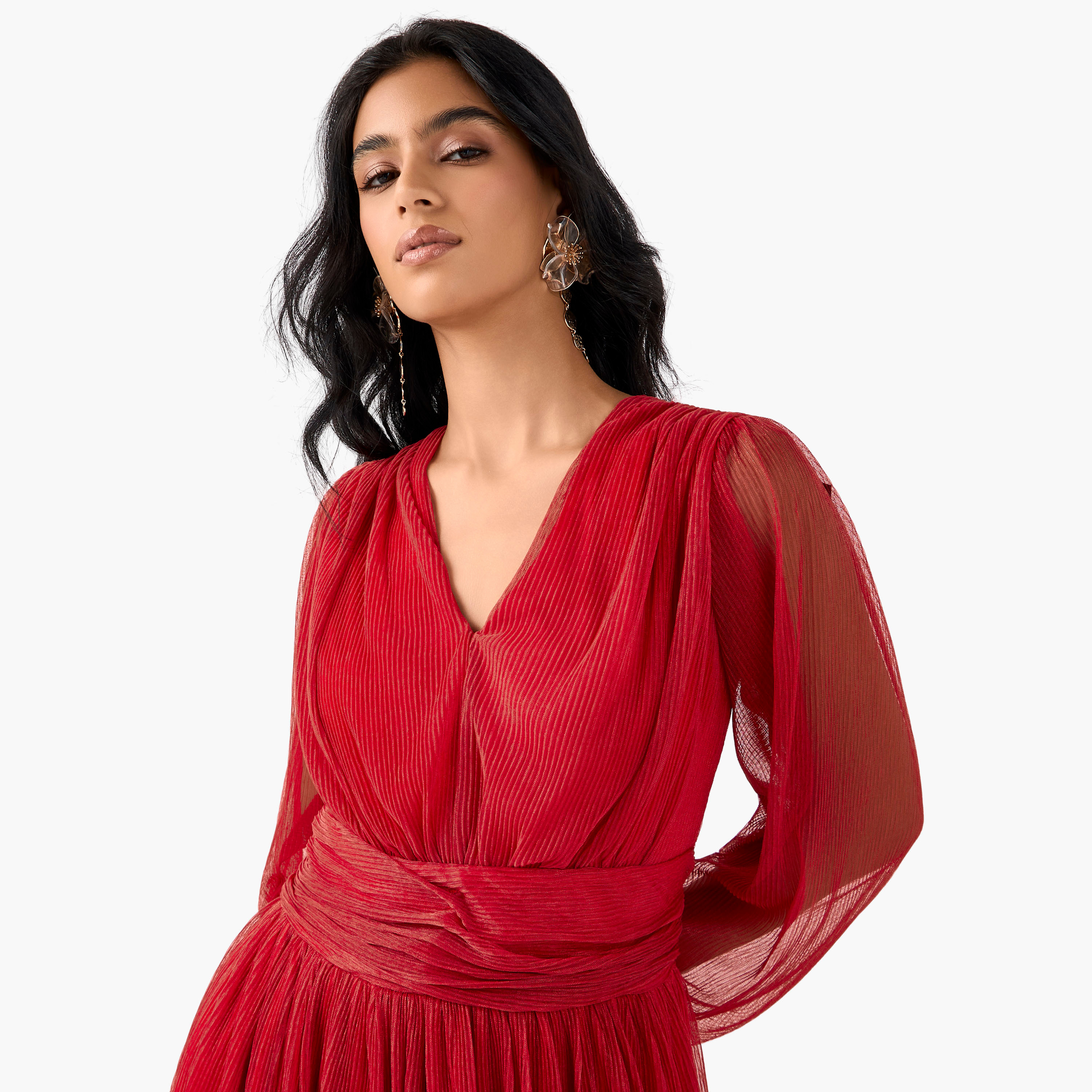Golden Apple Pleated Maxi Polyester Dress with V-neck-women-clothing-dresses-image-4