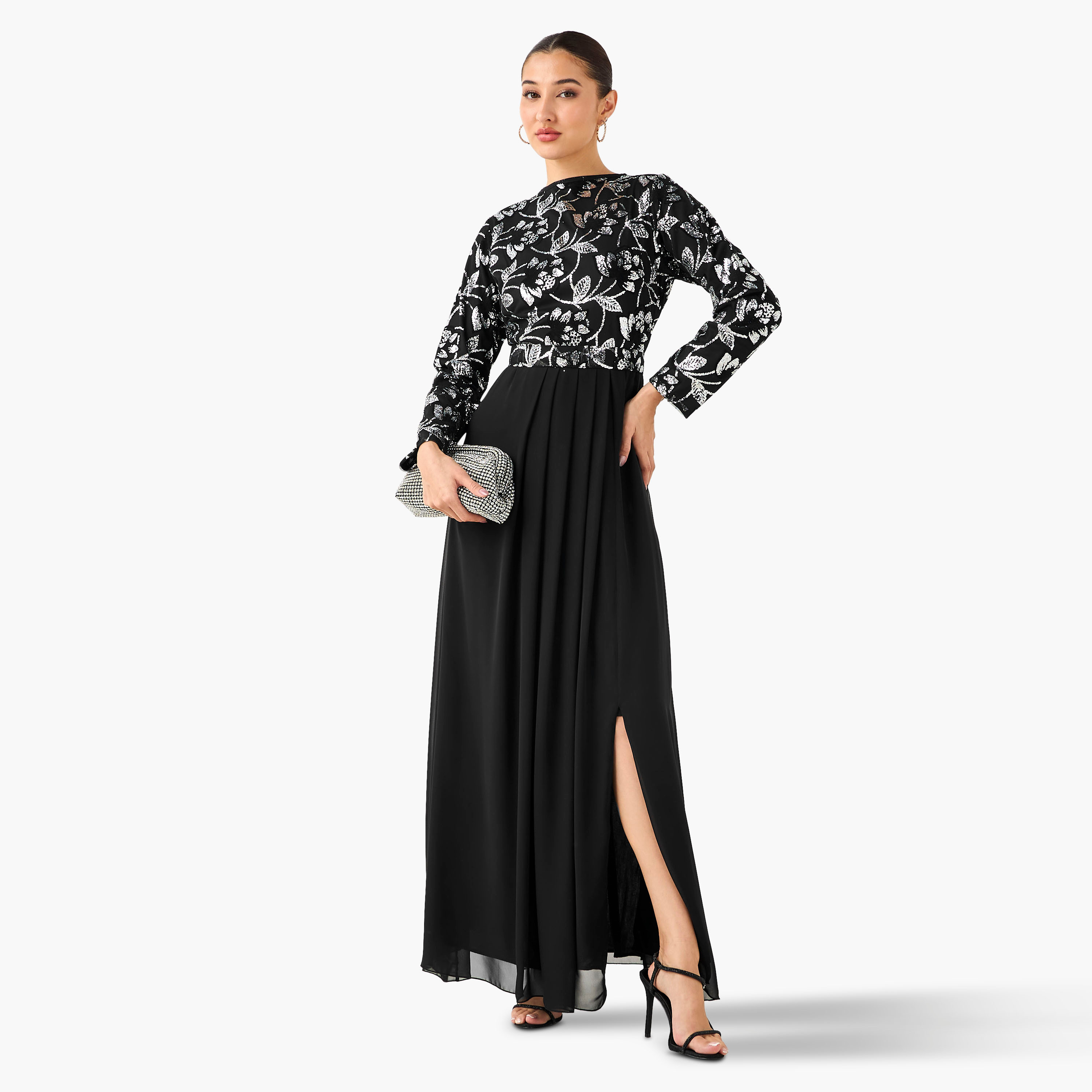 فستان ماكسي بوليستر بكسرات مزين مع فتحة من غولدن آبل-women-clothing-dresses-image-1