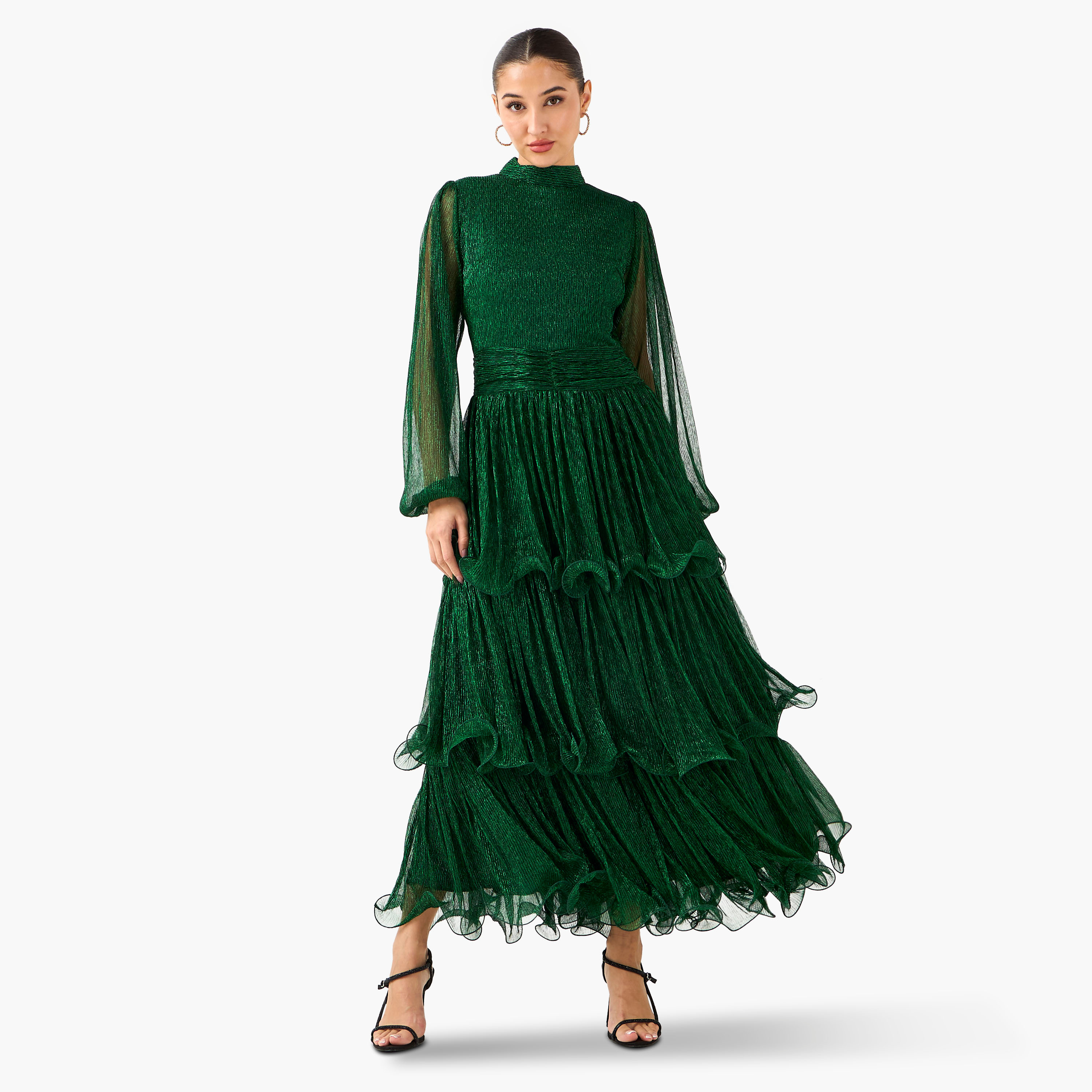 فستان ماكسي بوليستر بارز الملمس بكسرات وياقة عالية من غولدن آبل-women-clothing-dresses-image-1