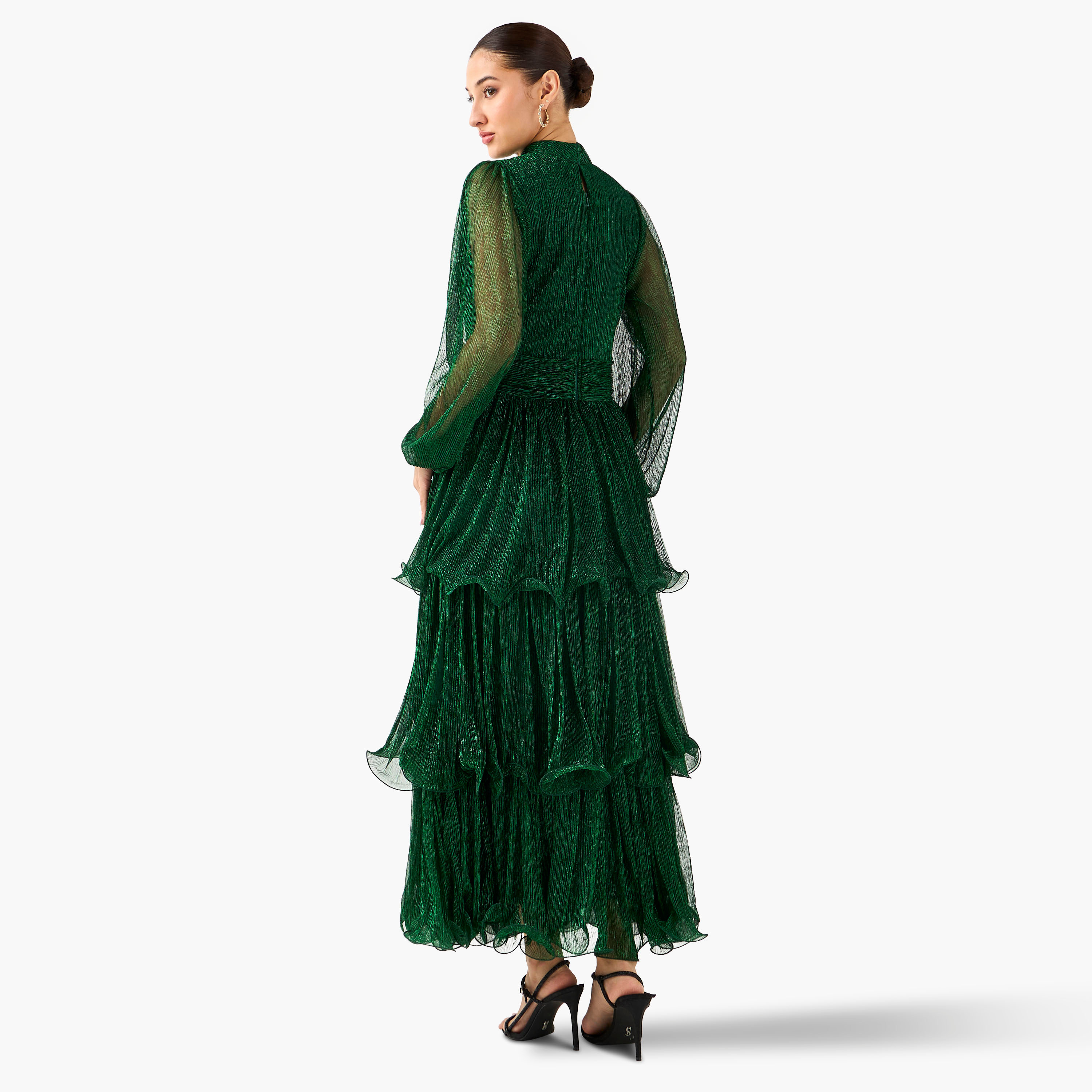 Golden Apple Textured Pleated Maxi Polyester Dress with High Neck-women-clothing-dresses-image-3