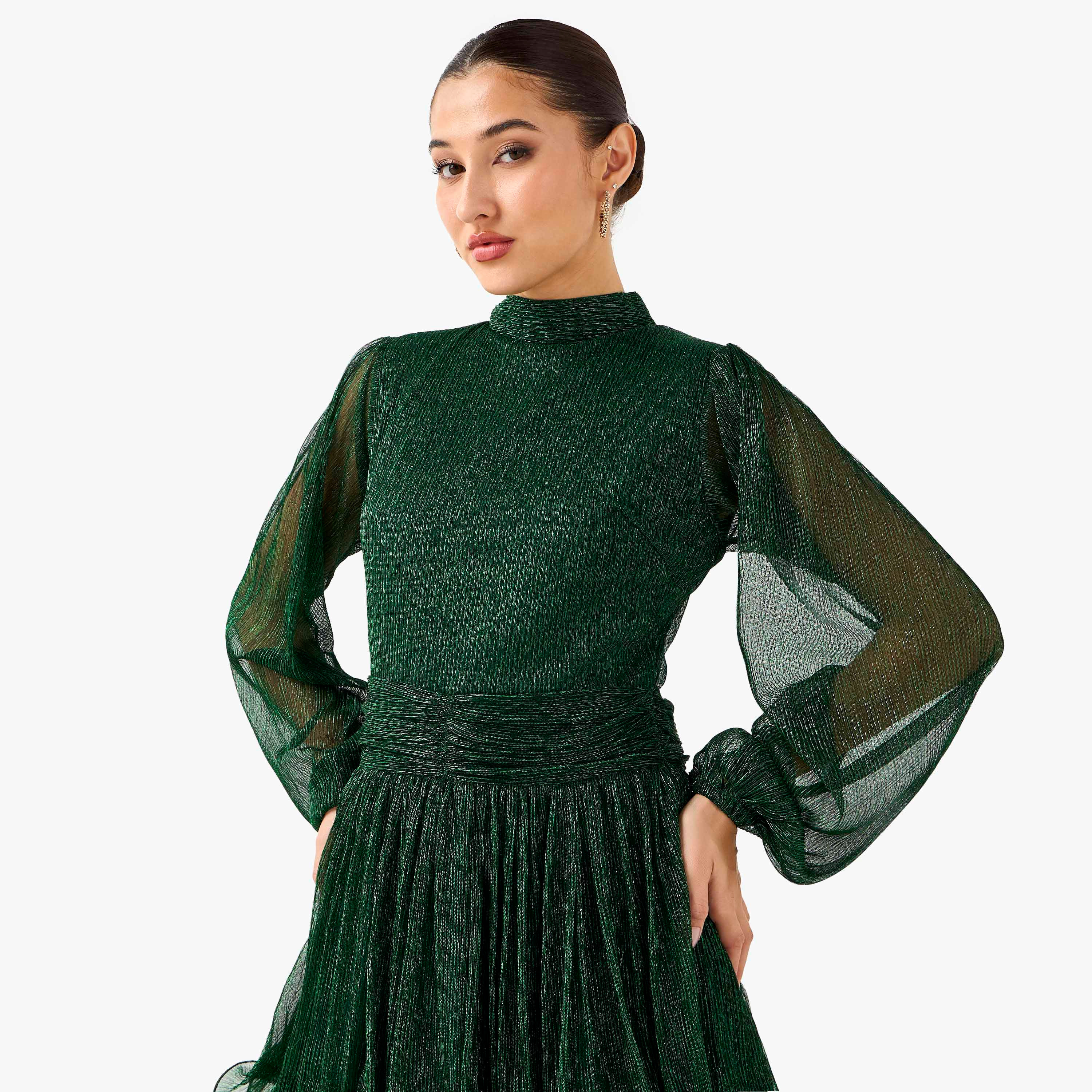 Golden Apple Textured Pleated Maxi Polyester Dress with High Neck-women-clothing-dresses-image-4
